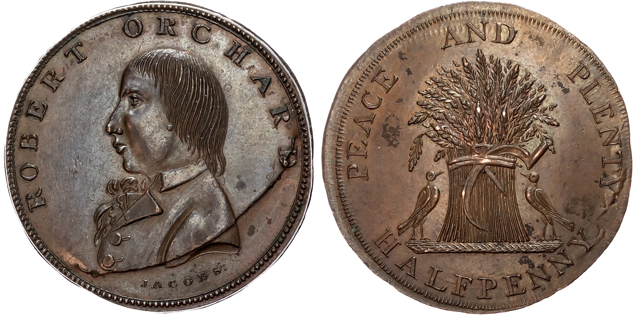 London, Soho , Robert Orchard Halfpenny, His draped bust to left, rev . Wheatsheaf and sickle between two doves, edge pl …