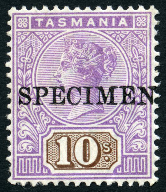 Tasmania. 1892 10/- mauve and brown overprinted Specimen, large part o.g. SG...