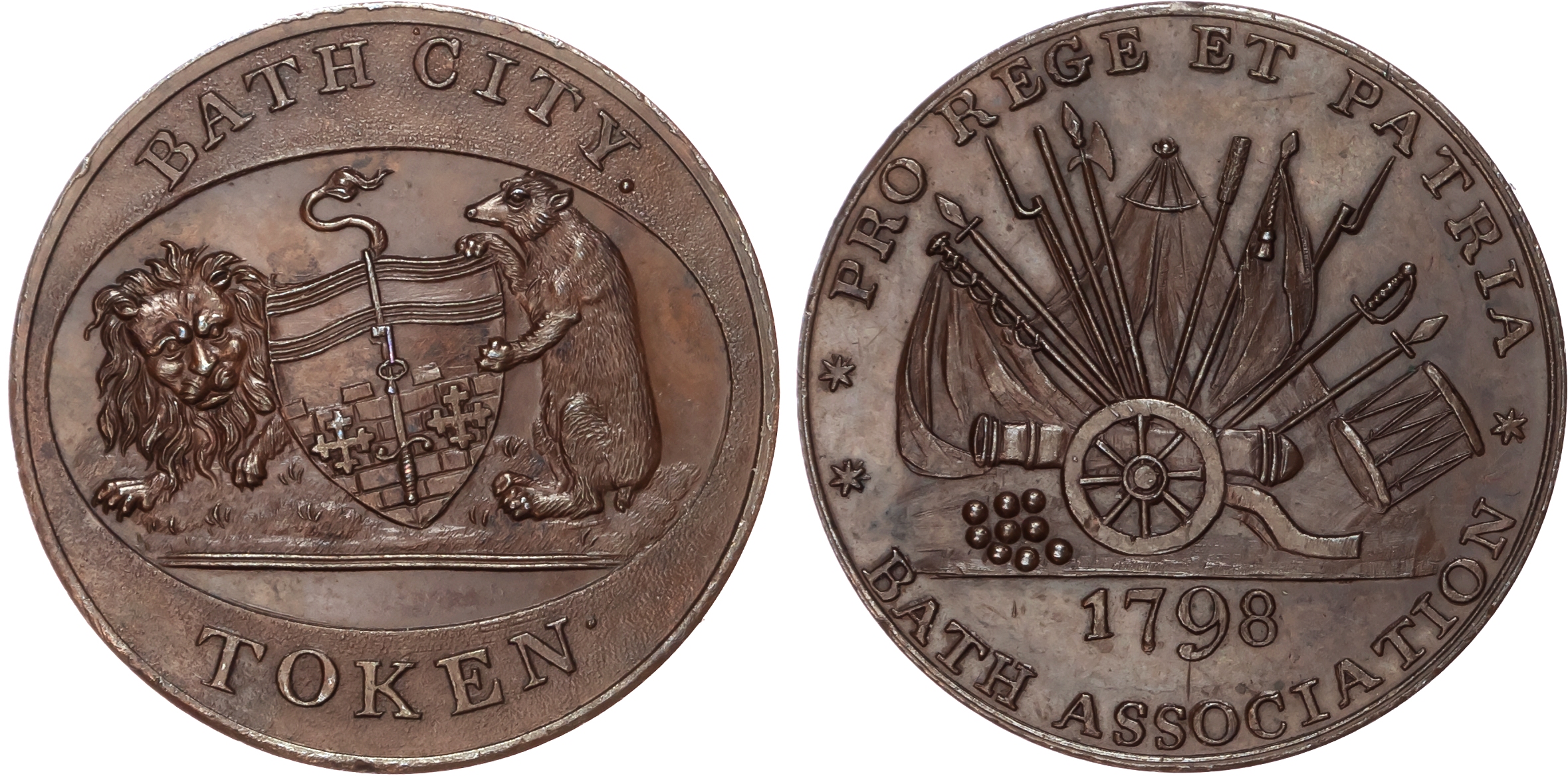 Som. Bath , Kempson’s Bath Association bronzed Halfpenny 1798, Arms in front of tent, rev. Arms of the City of…
