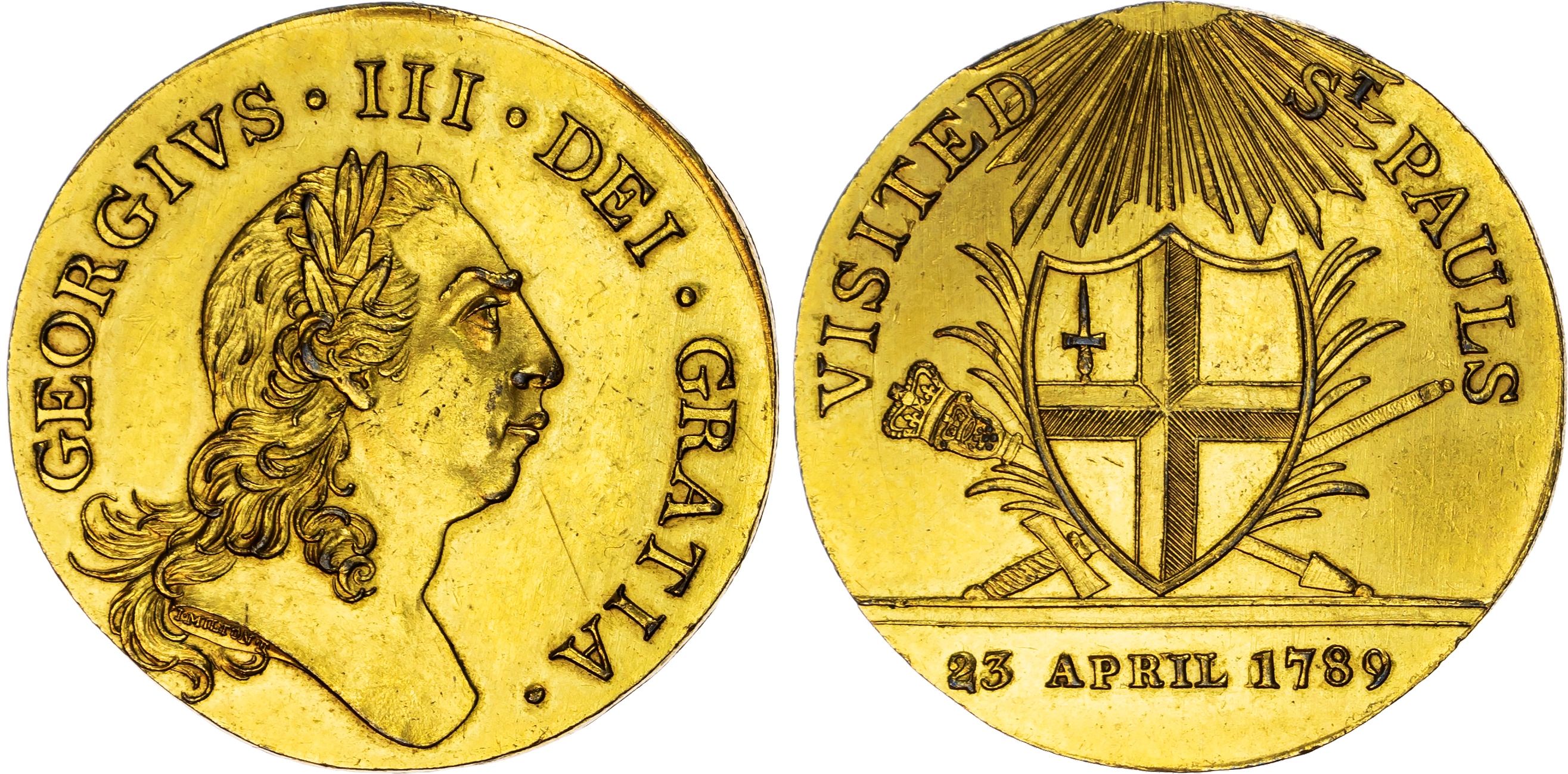 London , Political Series, Visit to St. Paul’s gilded Penny 1789, Bust of George III right, rev. Arms of Londo…