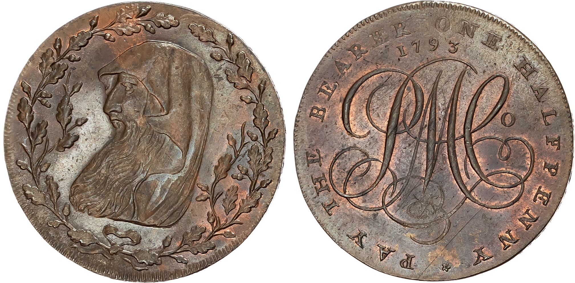 Ang. Amlwch , Contemporary counterfeit Parys Mines Co. Halfpenny 1793, Cowled druid’s head left within a thin oaken wrea …