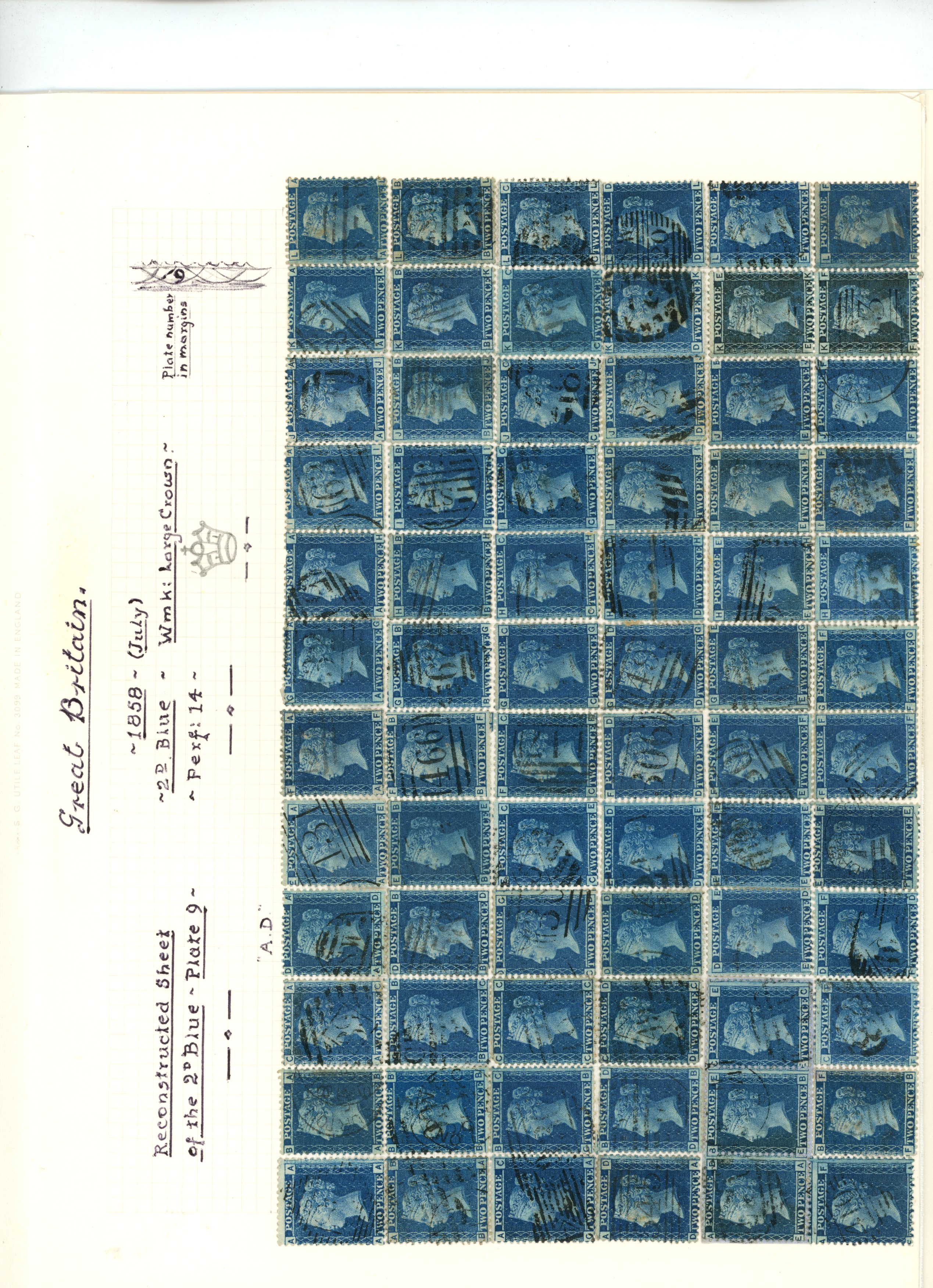 1856-76 2d blue, thick line, plate 9,...