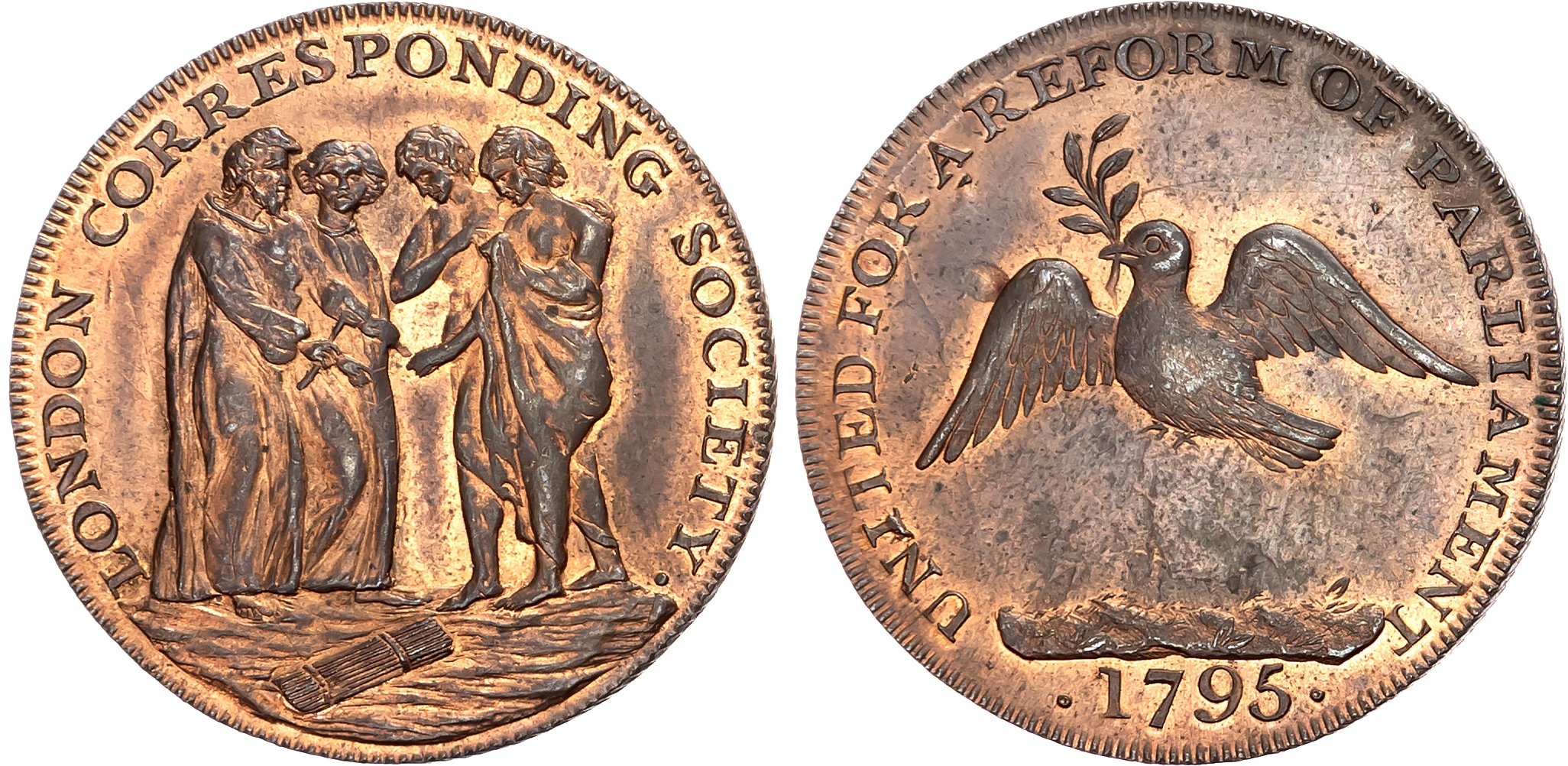 London, Piccadilly , London Corresponding Soc. Halfpenny 1795, Fable of the bundle of sticks, rev. Dove flying left with …