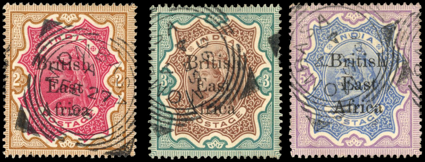 British East Africa SG 61-3 1895 overprints on India 2r, 3r, 5r used