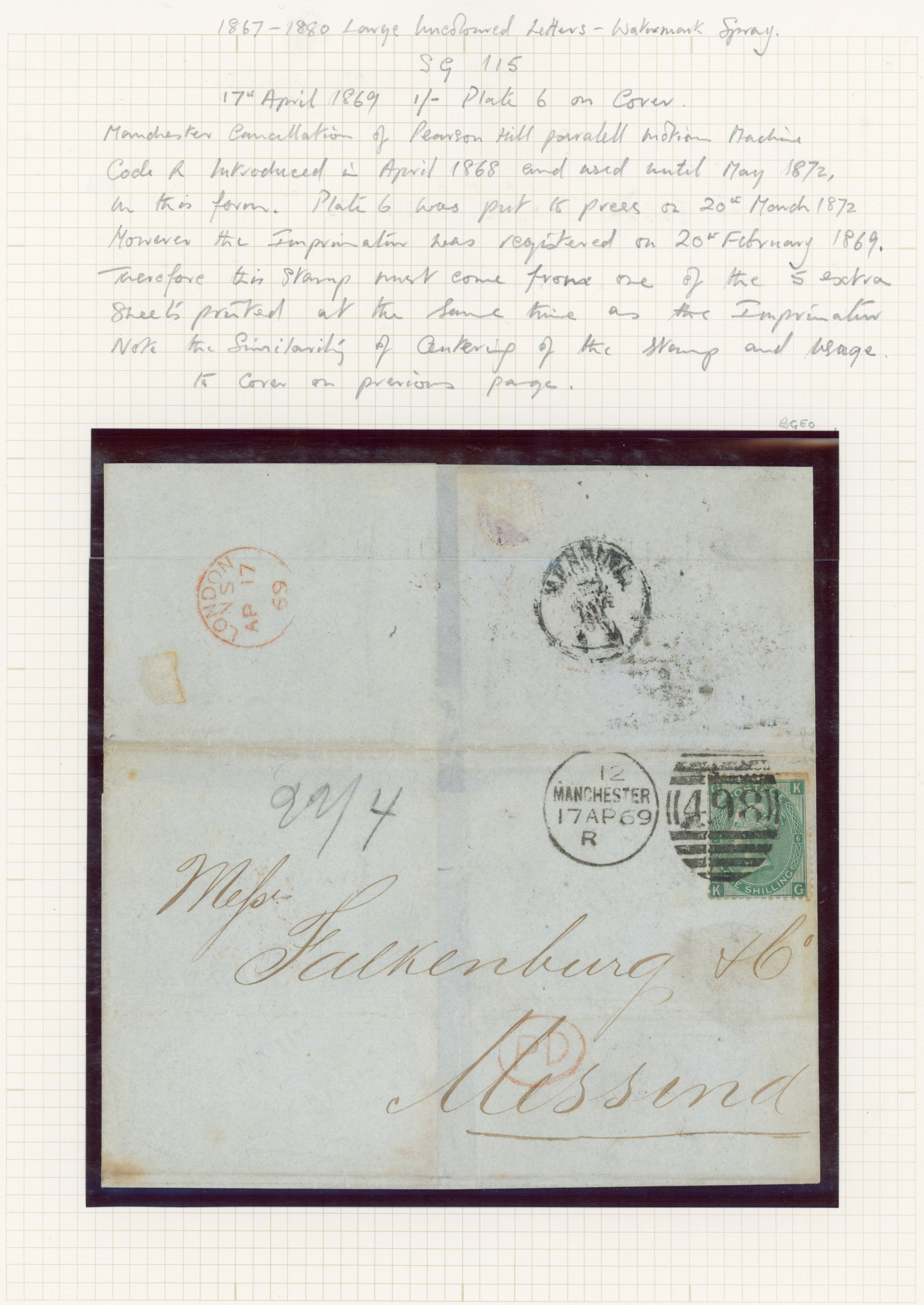 SG117 Cover from Manchester to Messina, Italy prepaid by a perforated imprimatur of the 1S GREEN
