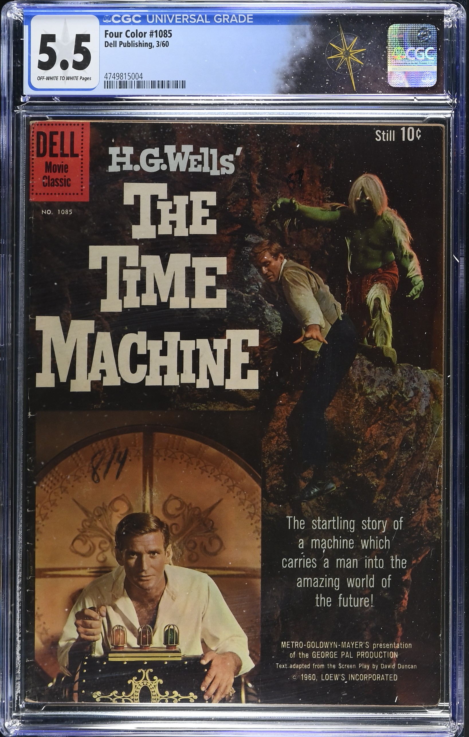 Four Color #1085 CGC 5.5 Cover of H.G. Wells' The Time Machine by Rod Taylor (Dell Publishing, 1960) Off-White to White Pages