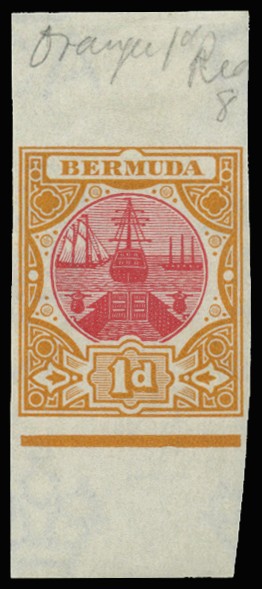 1902 1d "Dock" imperforate colour trial in carmine...