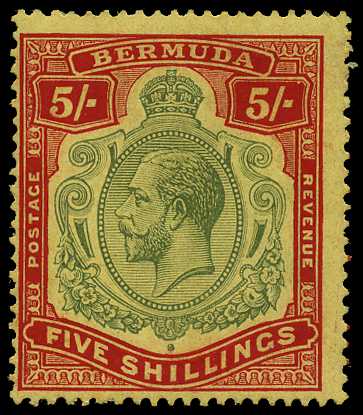 Bermuda 1918-22 5s deep green and deep red on yellow paper R.3/12 nick in top right scroll variety, SG 53c