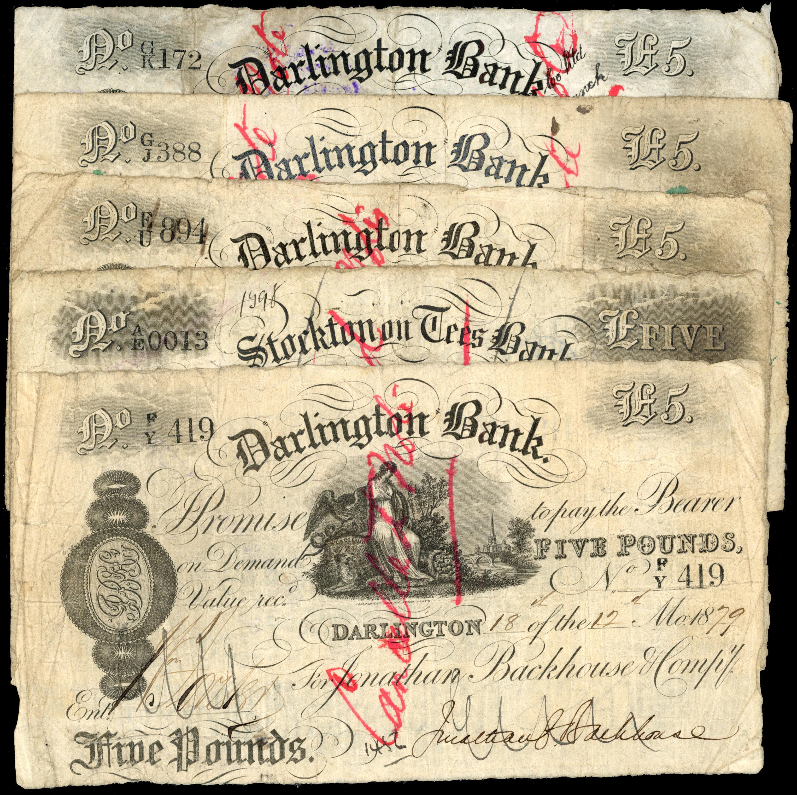 DARLINGTON, Darlington Bank for Jonathan Backhouse & Co., £5.,dated 1870, 1879, 1888, 1888, 1889, signed J E B…