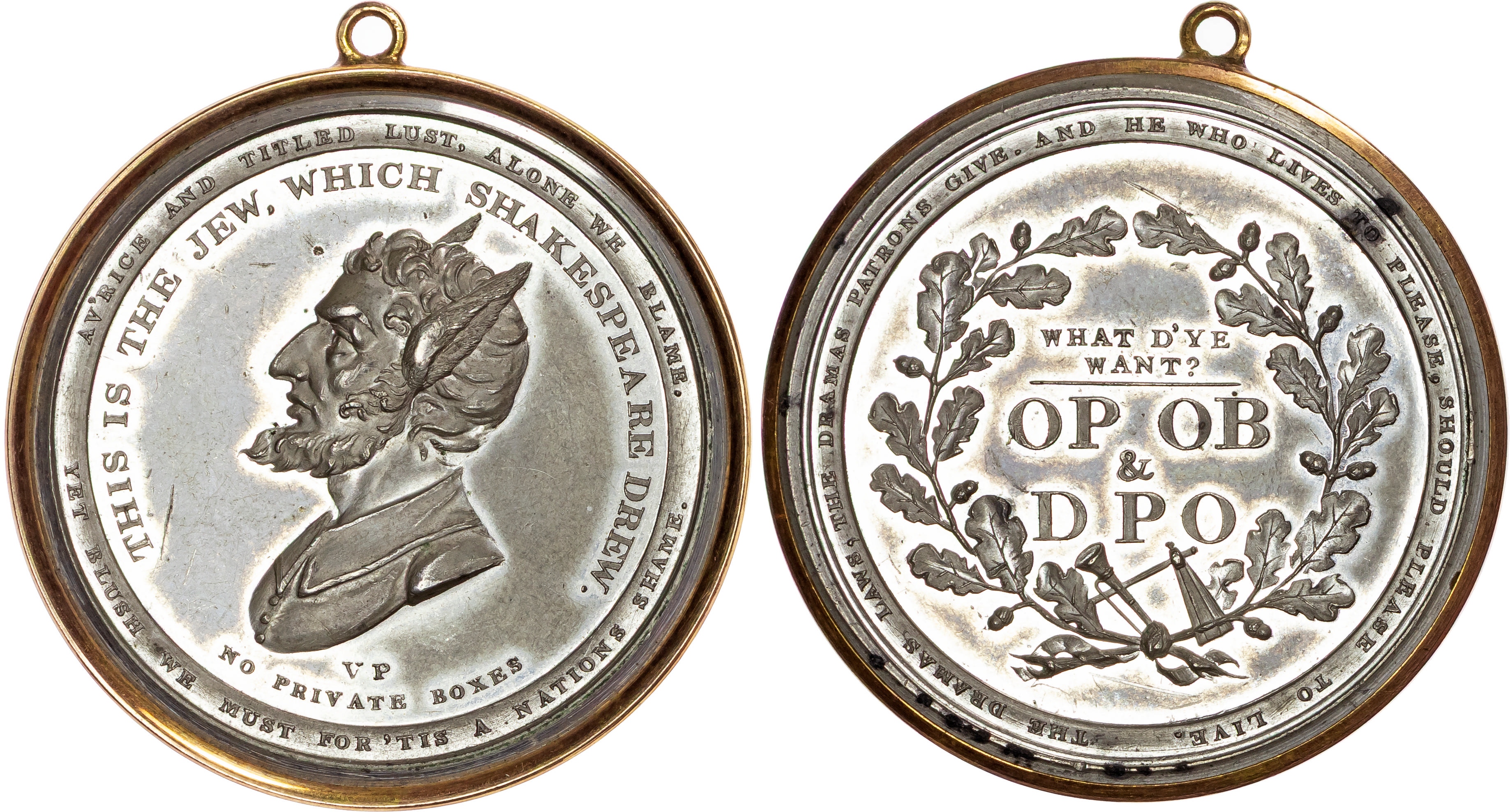 London, Covent Garden, Theatre Royal, Second Theatre, Old Price Riots, 1809, white metal medal, unsigned.