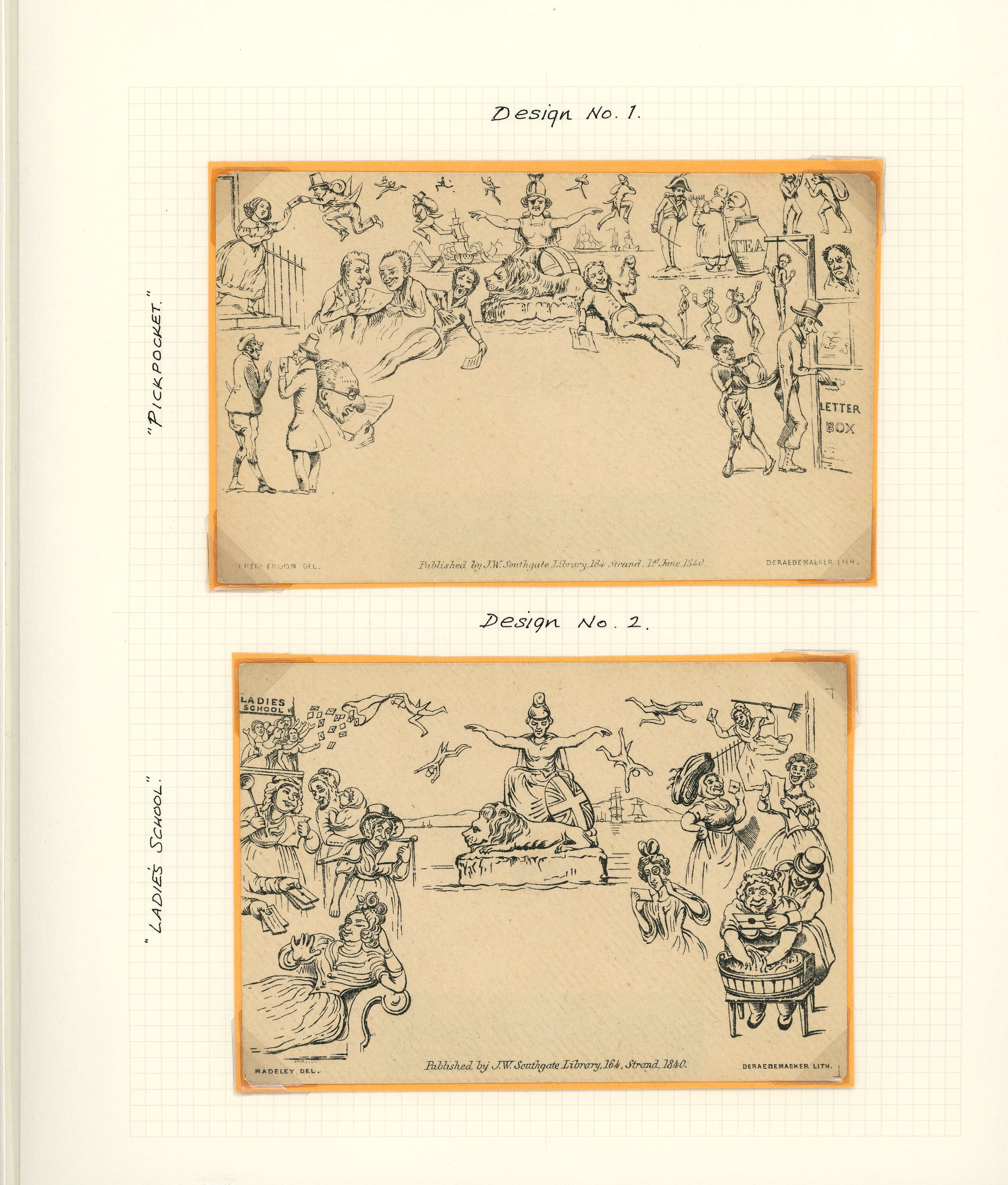 Mulready Caricatures. Very fine and clean group of seven Deraedermaker reprints.
