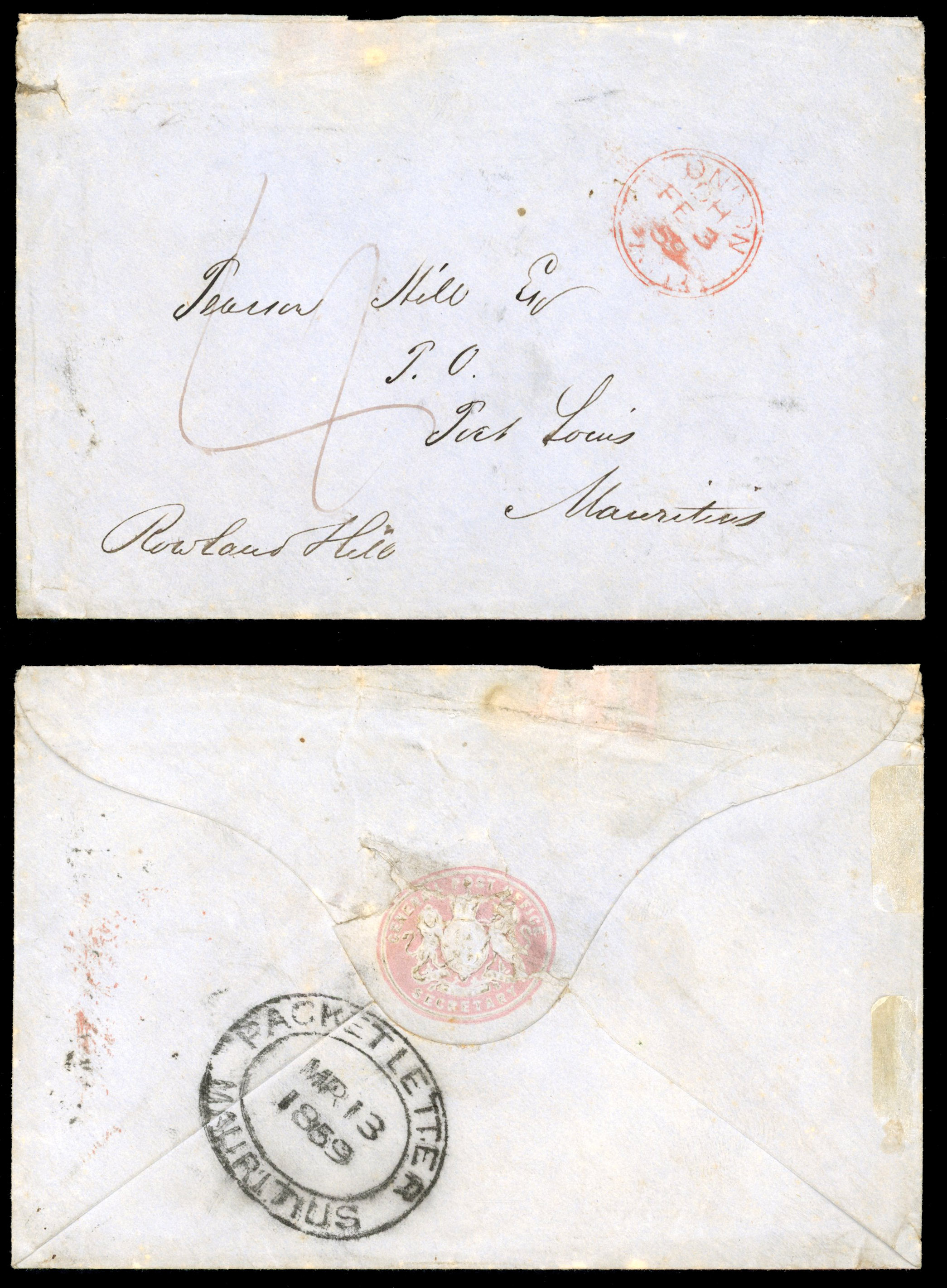 Great Britain 1858 cover from Rowland Hill to his son at Port Louis
