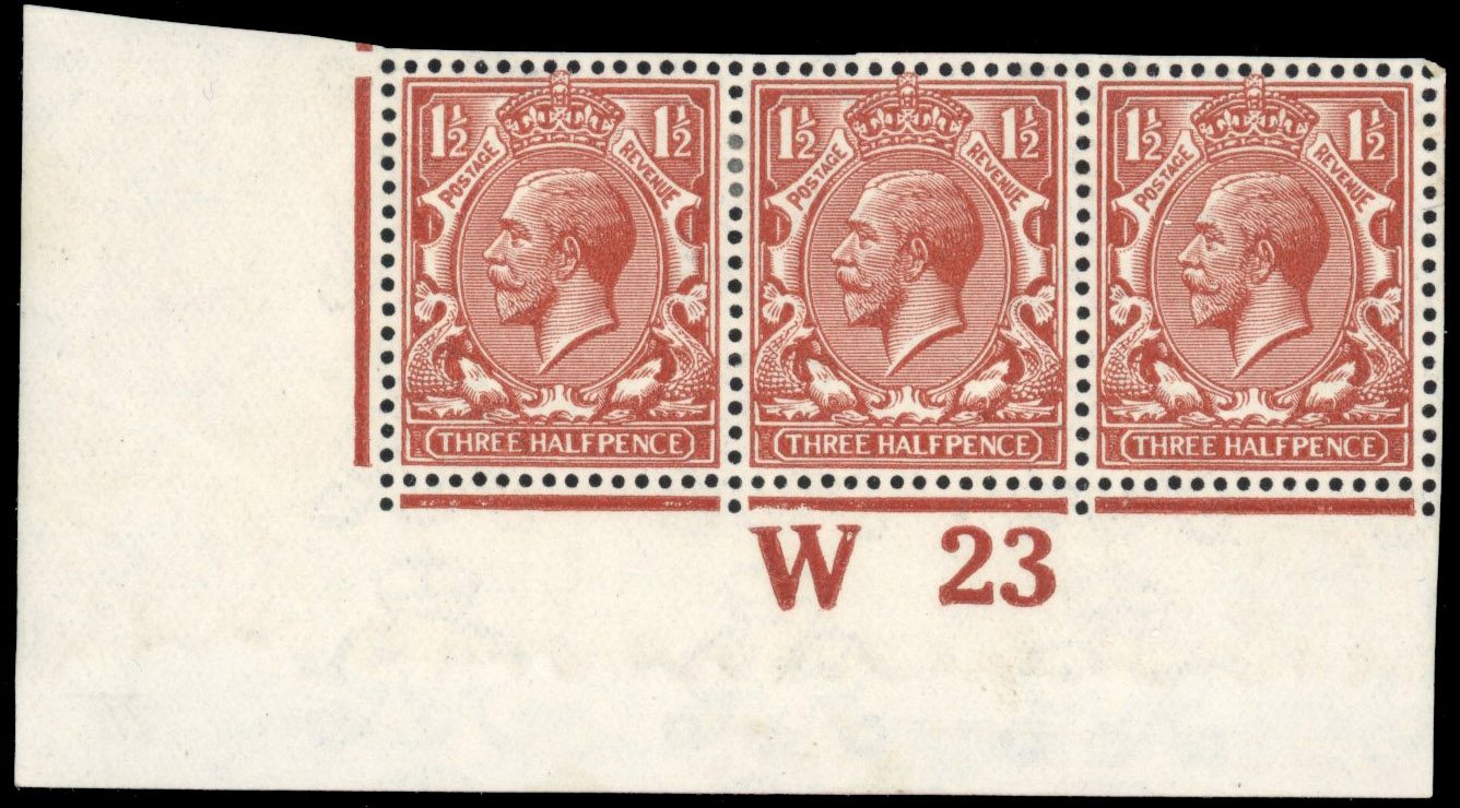 GB 1912-24 Royal Cypher 1½d bright chestnut, mint control W23 strip