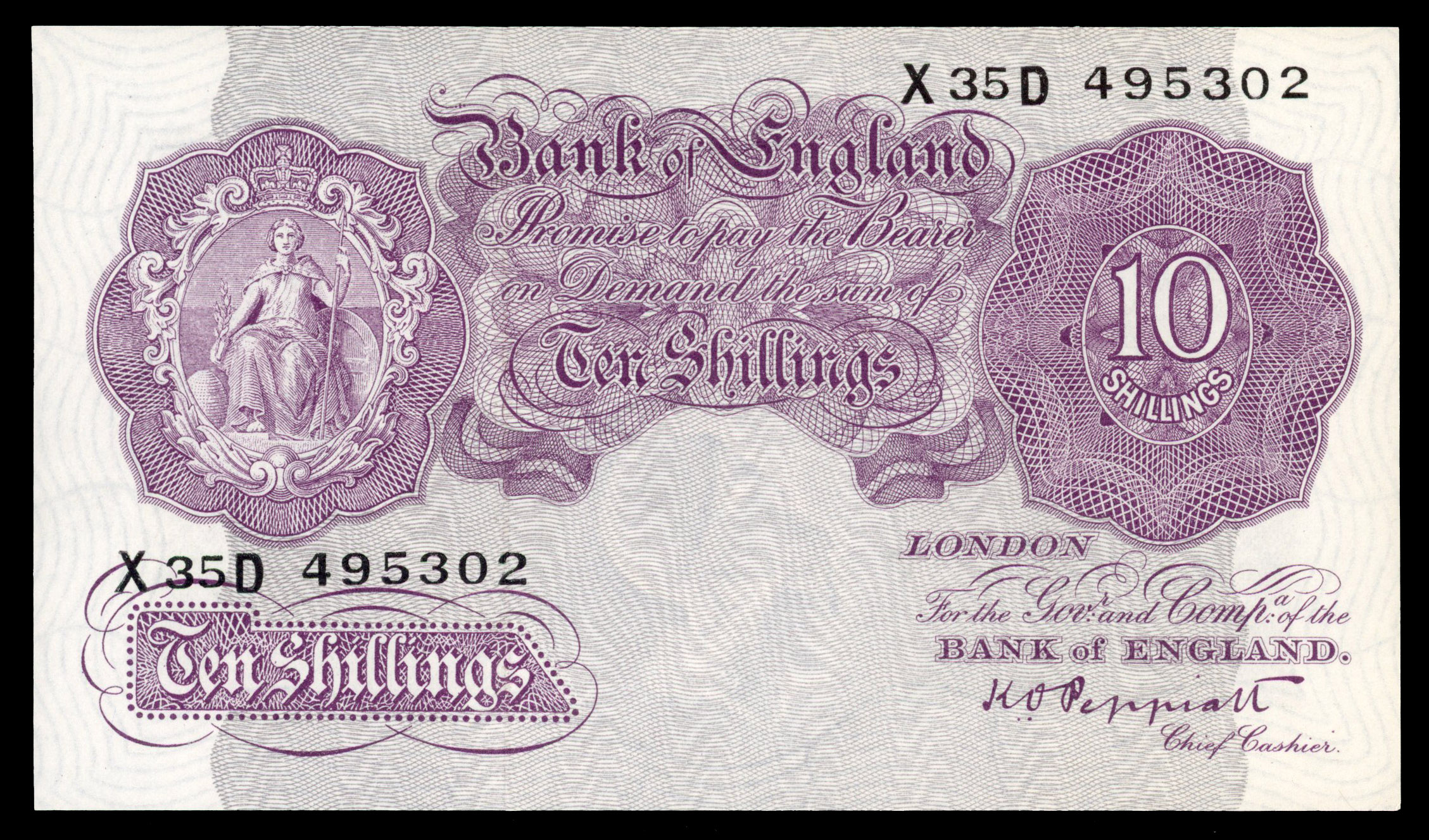 Bank of England, H.O. Peppiatt, Ten Shillings mauve, 1940‑48, X35D 495302.