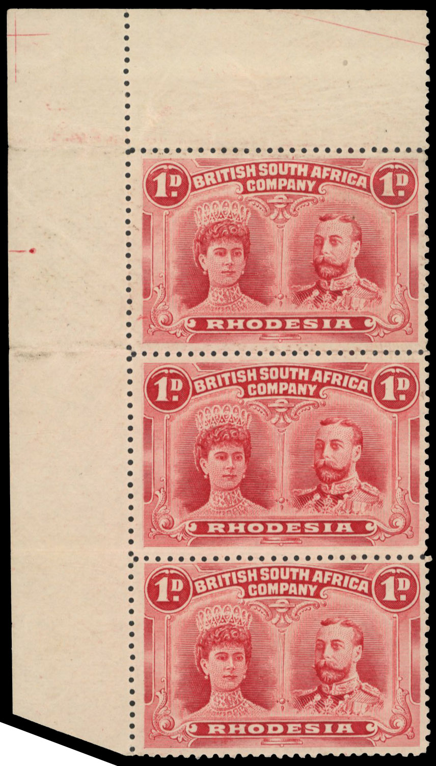 1d carmine-red SG 124 strip, positions 1, 11 and 21B mint