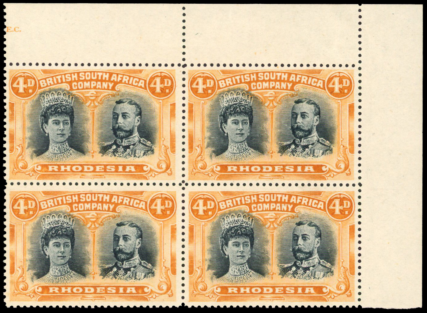 Rhodesia 1910-13 6d blue-black and dull orange perf 15 block of 4