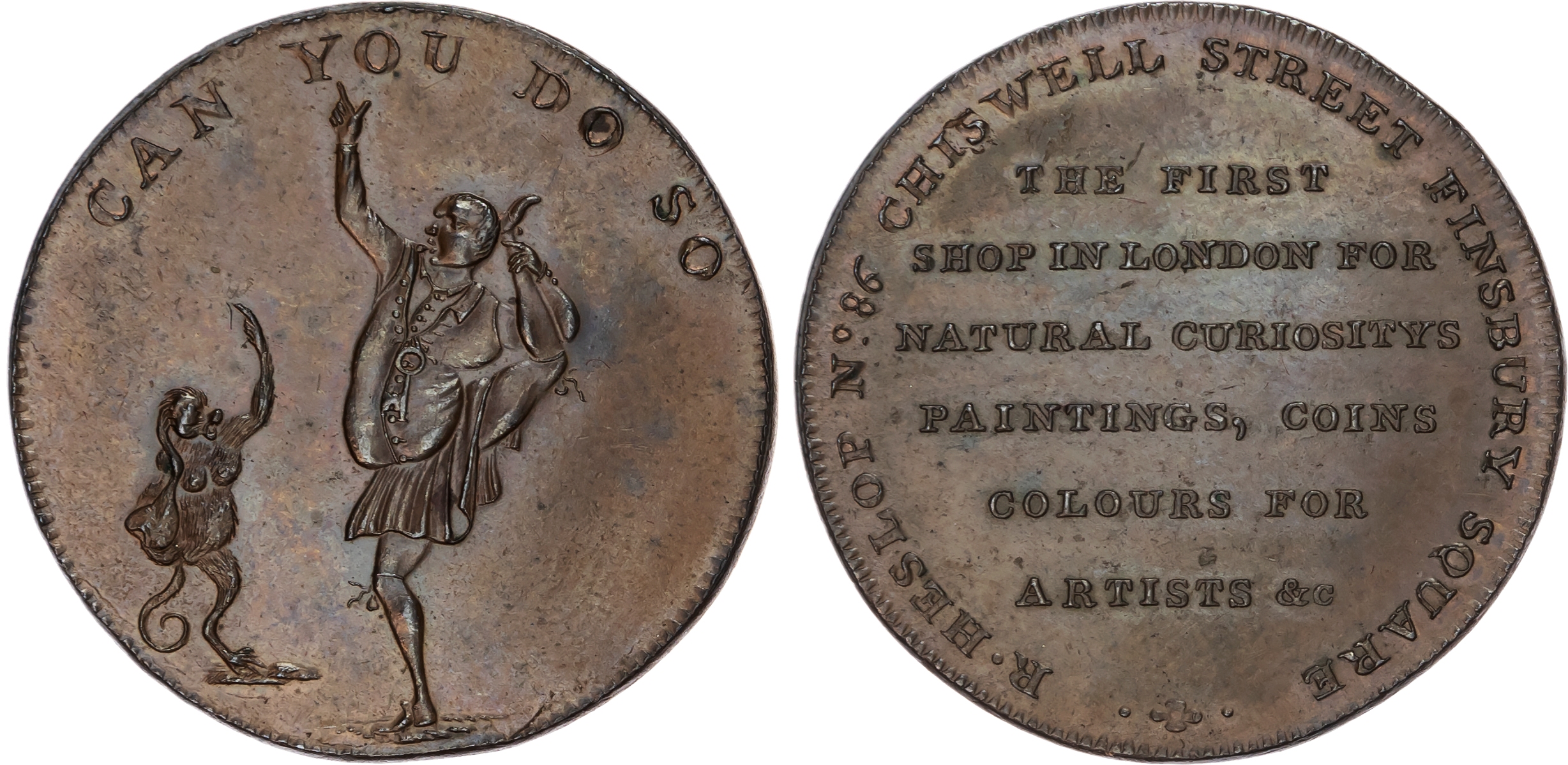 London, Finsbury Square, Robert Heslop (curiosities, paintings and coin dealer) Halfpenny undated, The famous …