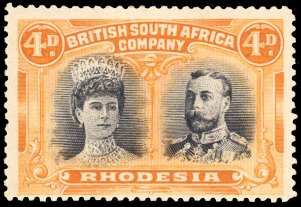 † 4d dull (brownish) black and orange SG 140 variant (ii), position 46 King's extra curl mint