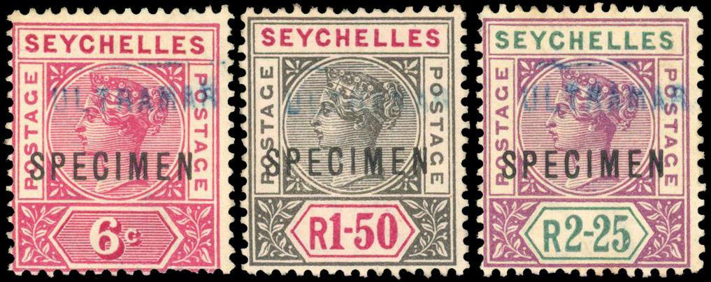 Seychelles 1900 6c, 1r50 & 2r25 with Ultramar Portuguese specimen h/s  SG 29-36 