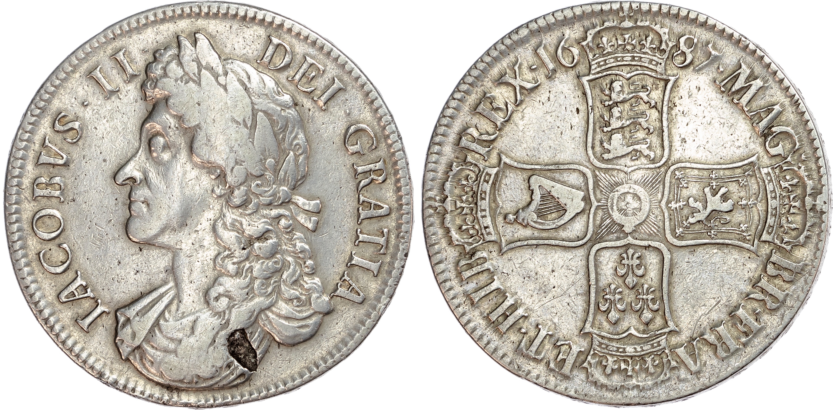 James II (1685-1688), Crown, 1687, Edge: E over R in ET.