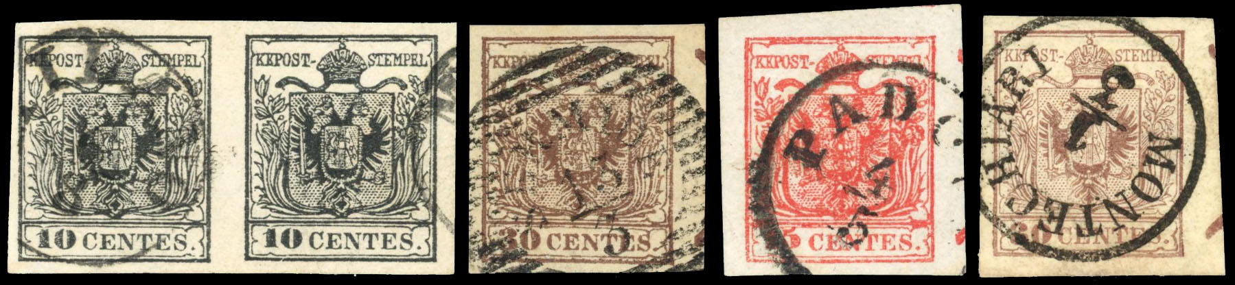 Lombardy & Venetia 1854-57 10c. black 'machine paper' pair used, SG 6b, Sassone 19