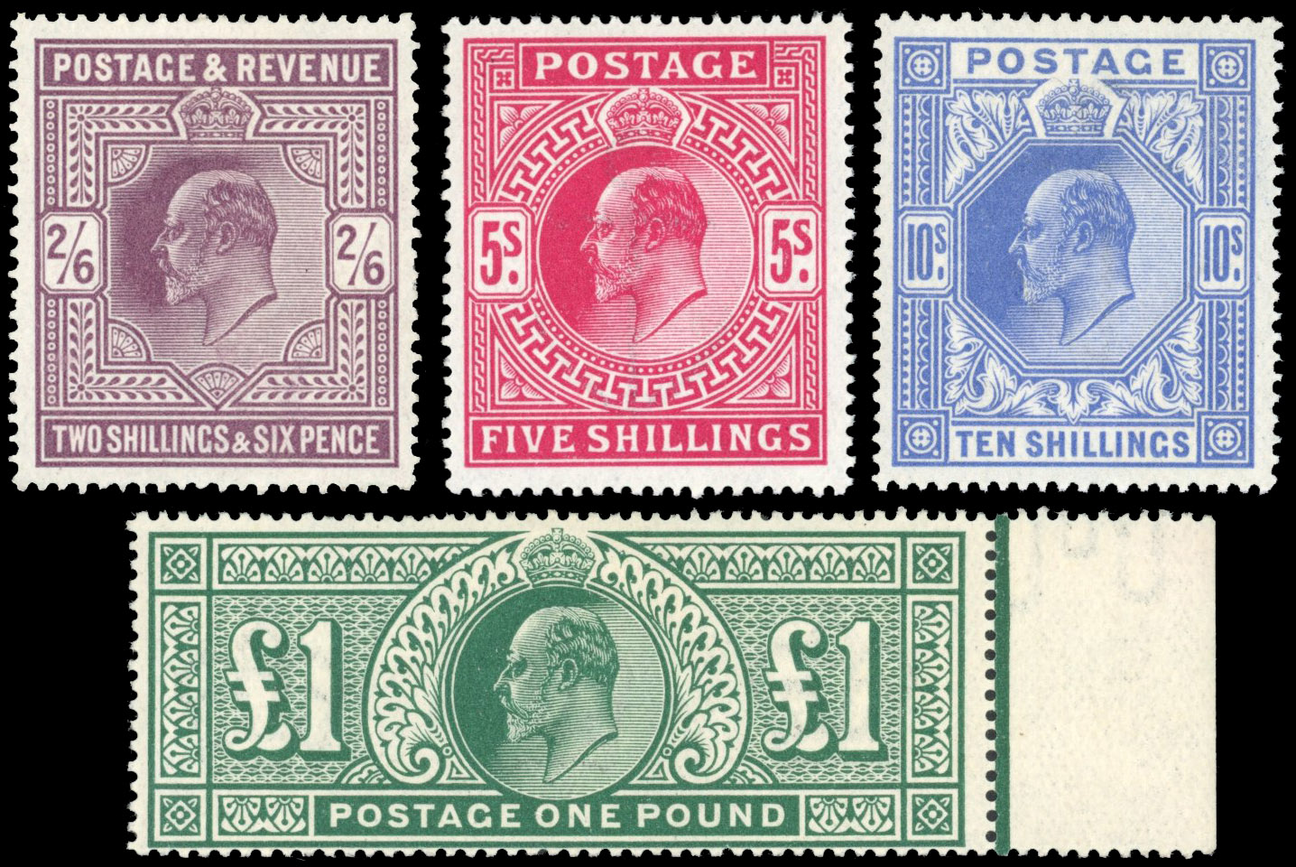 GB: 1911-13 Somerset House 2s6d dark purple, 5s carmine, 10s blue and £1 deep green; all mint large part og (5s unmounted)