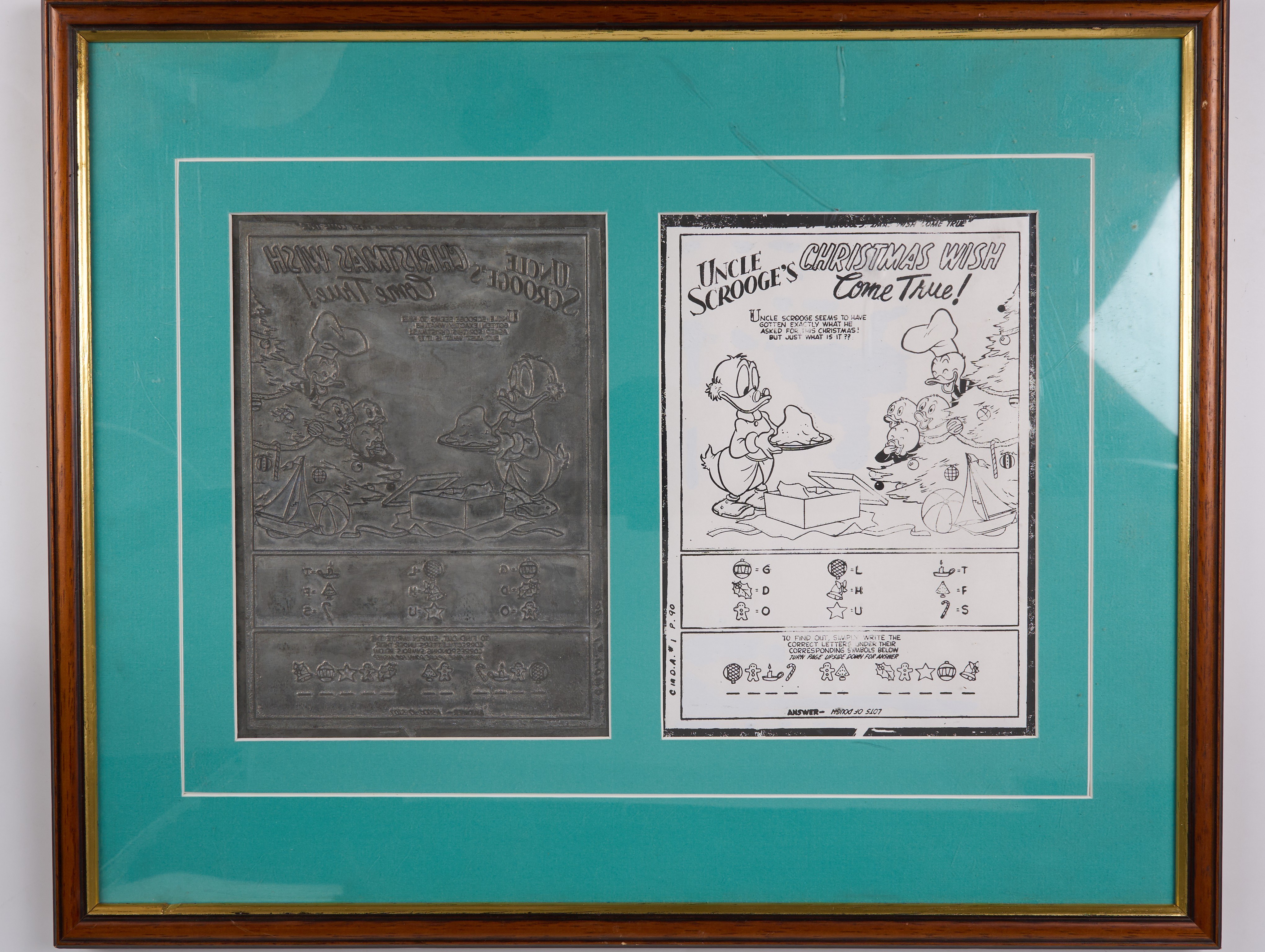 Walt Disney's Scrooge McDuck Christmas Wish Come True Ink Puzzle Page And Printing Plate Framed