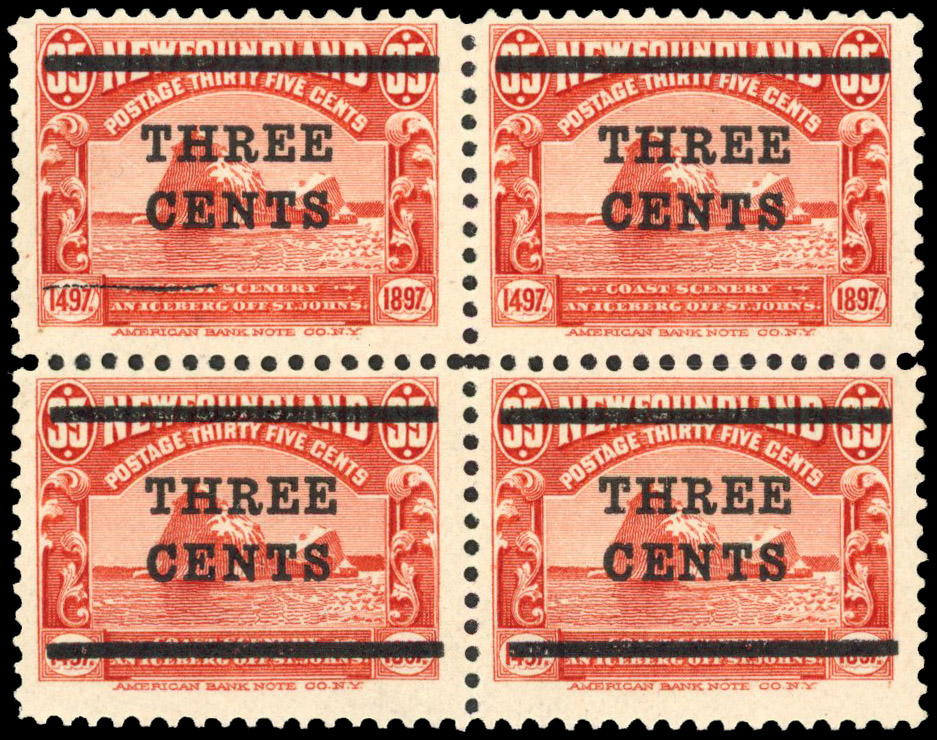 Newfoundland 1920 3c on 35c red error Lower bar omitted