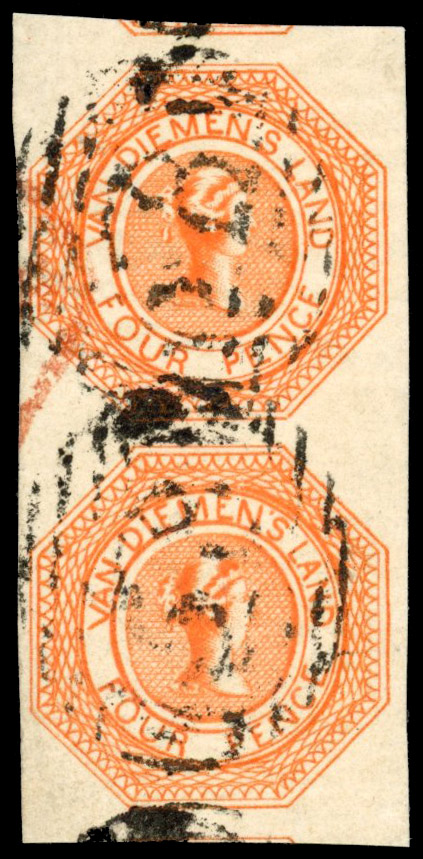 Tasmania SG 5 1853 4d vertical pair used