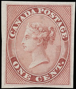 1859 1c, imperforate plate proof in rose on...