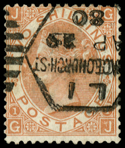 Great Britain 1880 2s Brown Pl.1. Very fine used example lettered GJ neatly cancelled by a hexagonal Gracechurch S…