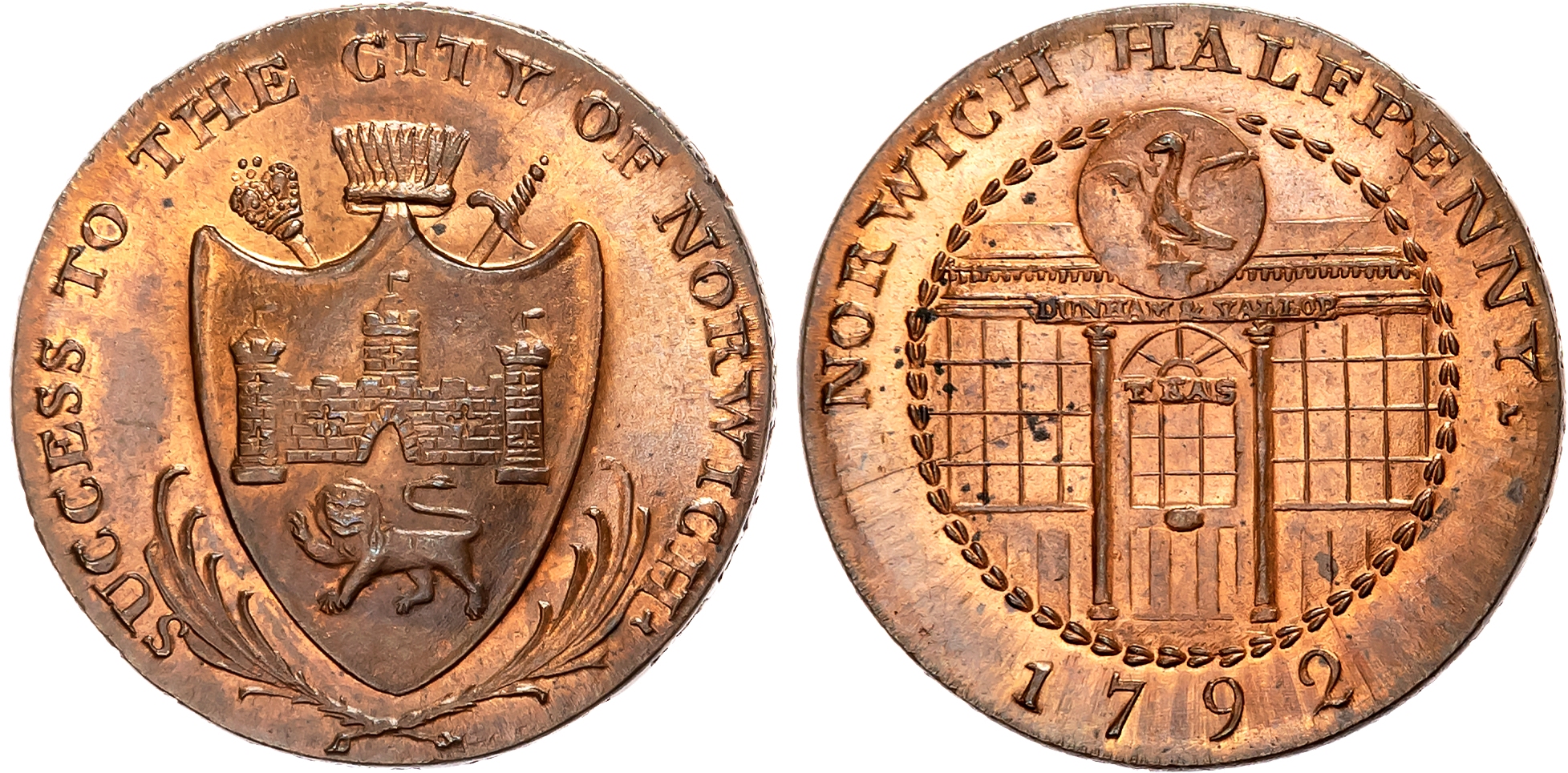 Norf. Norwich , Robert Dunham & John Yallop (silversmiths, goldsmiths, jewellers and tea dealers) Halfpenny 1792, Arms o …