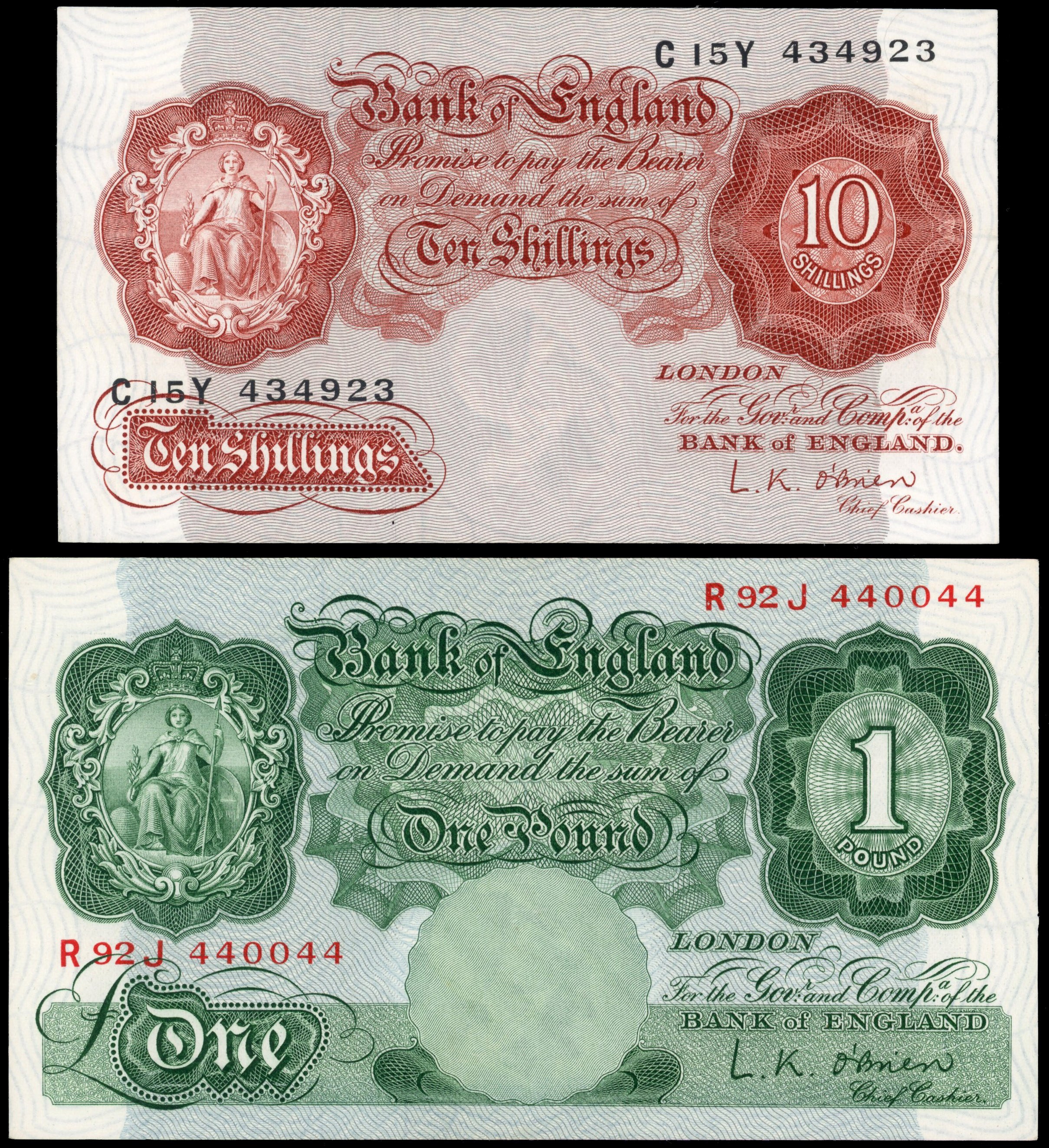 Bank of England, L K O’Brien, Ten Shillings, Nov. 1955, C15Y 434923, (Dugg. B271); One Pound Nov. 1955, R92J 4…