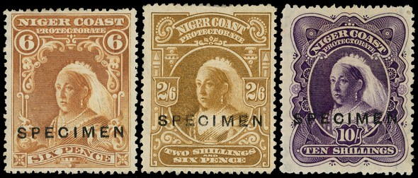 1897-8 6d yellow-brown, 2/6d olive-bistre and 10/- deep violet large part o.g., overprinted SPECIMEN Type W1, fine.  SG...