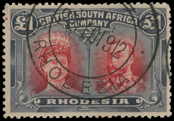 £1 carmine-red and blackish indigo SG 166 variant, position 13 printer's mark CTO