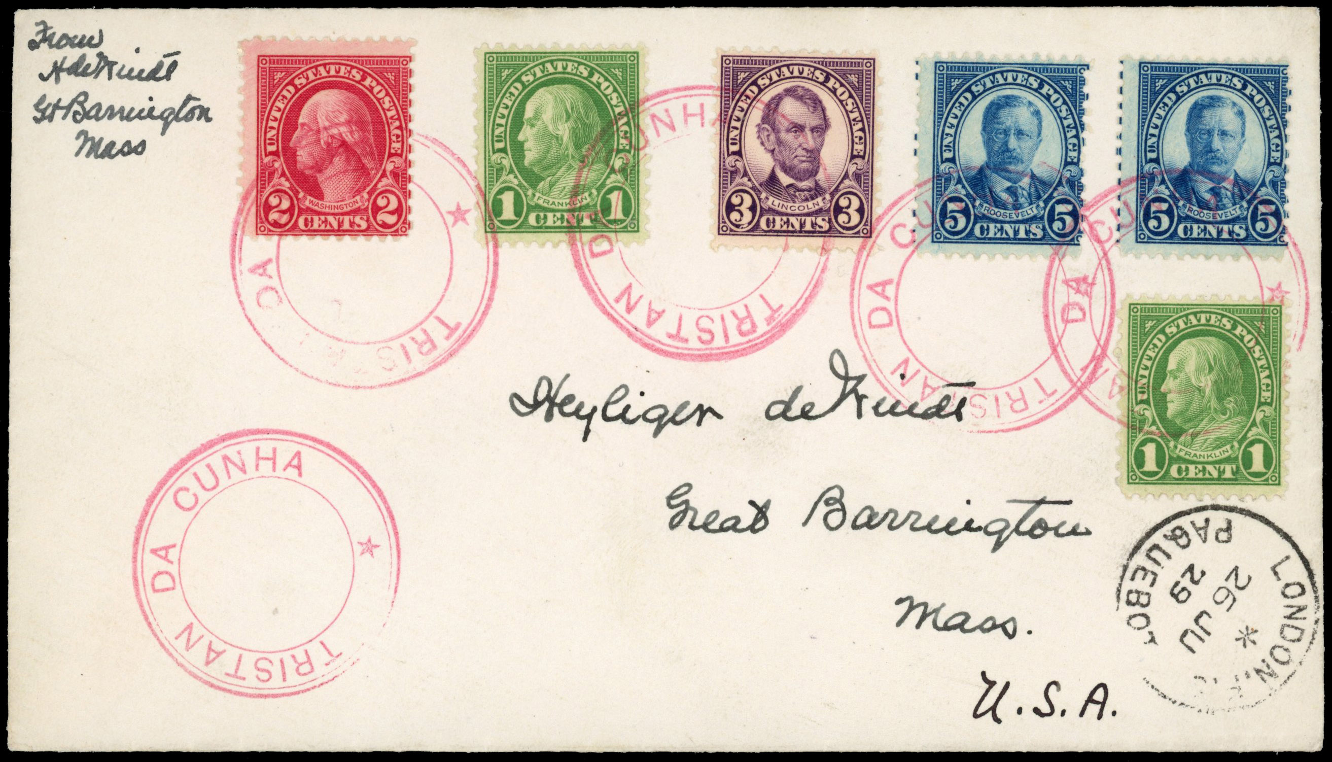 Tristan Da Cunha cover to London bearing USA stamps cachet type IV