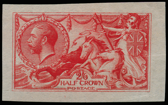 Great Britain 1913 2s6d "Seahorse" plate proof. Very fine huge four margin imperforate example in red on thin plat…