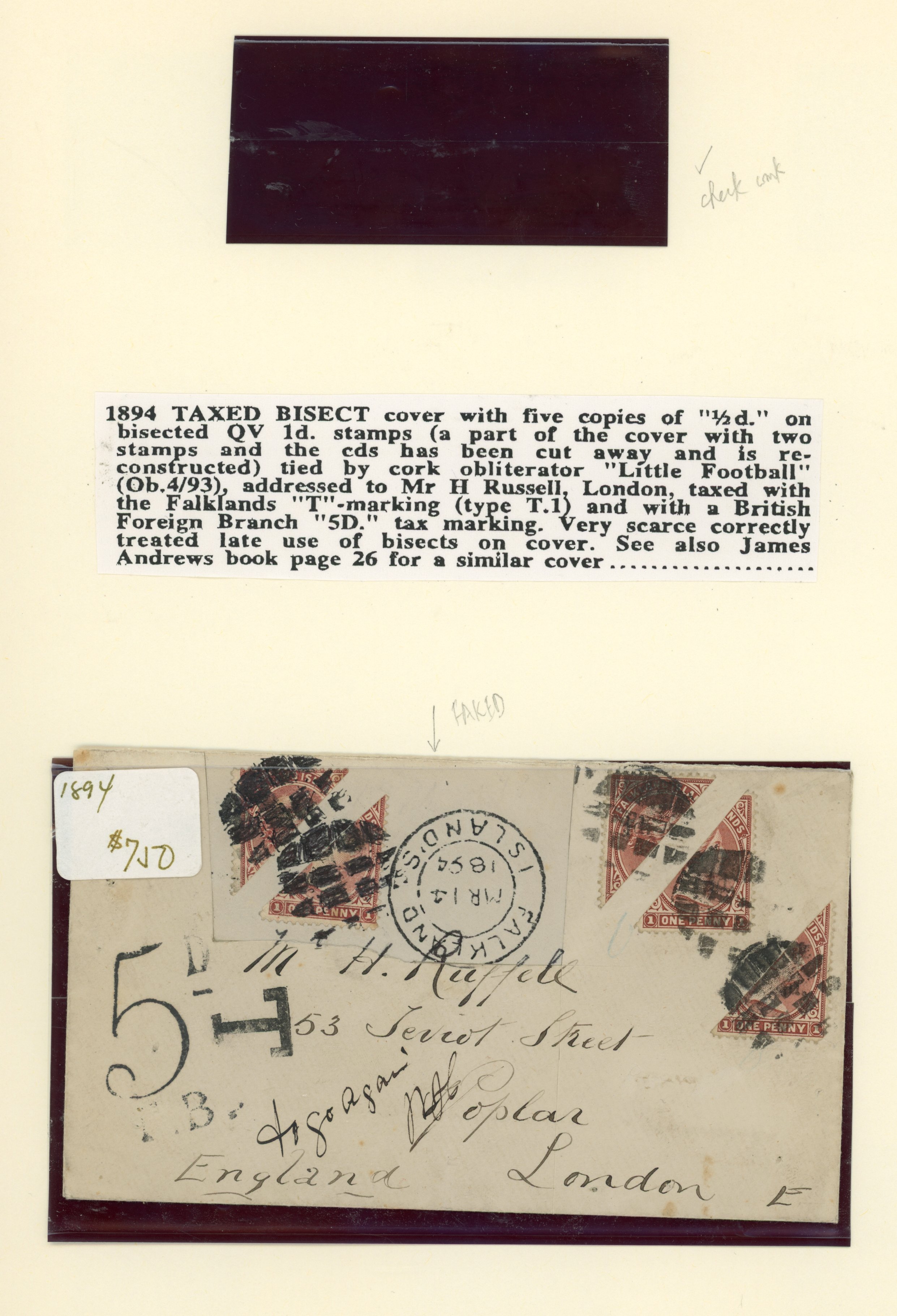 † Falkland Islands SG 13/14 1891 bisect provisional range