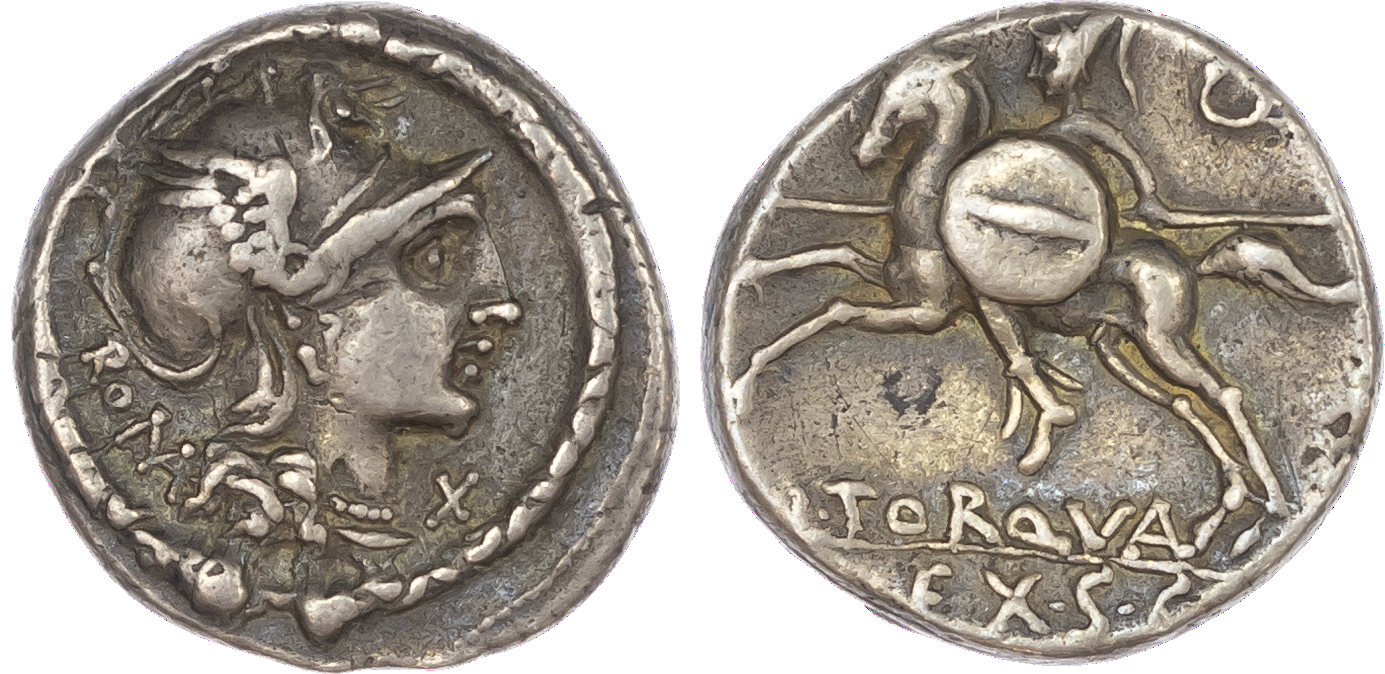 L. Torquatus (113-112 BC) AR Denarius, Rome, 3.95g. ROMA, helmeted head of Roma facing right, X (mark of value) to right,
