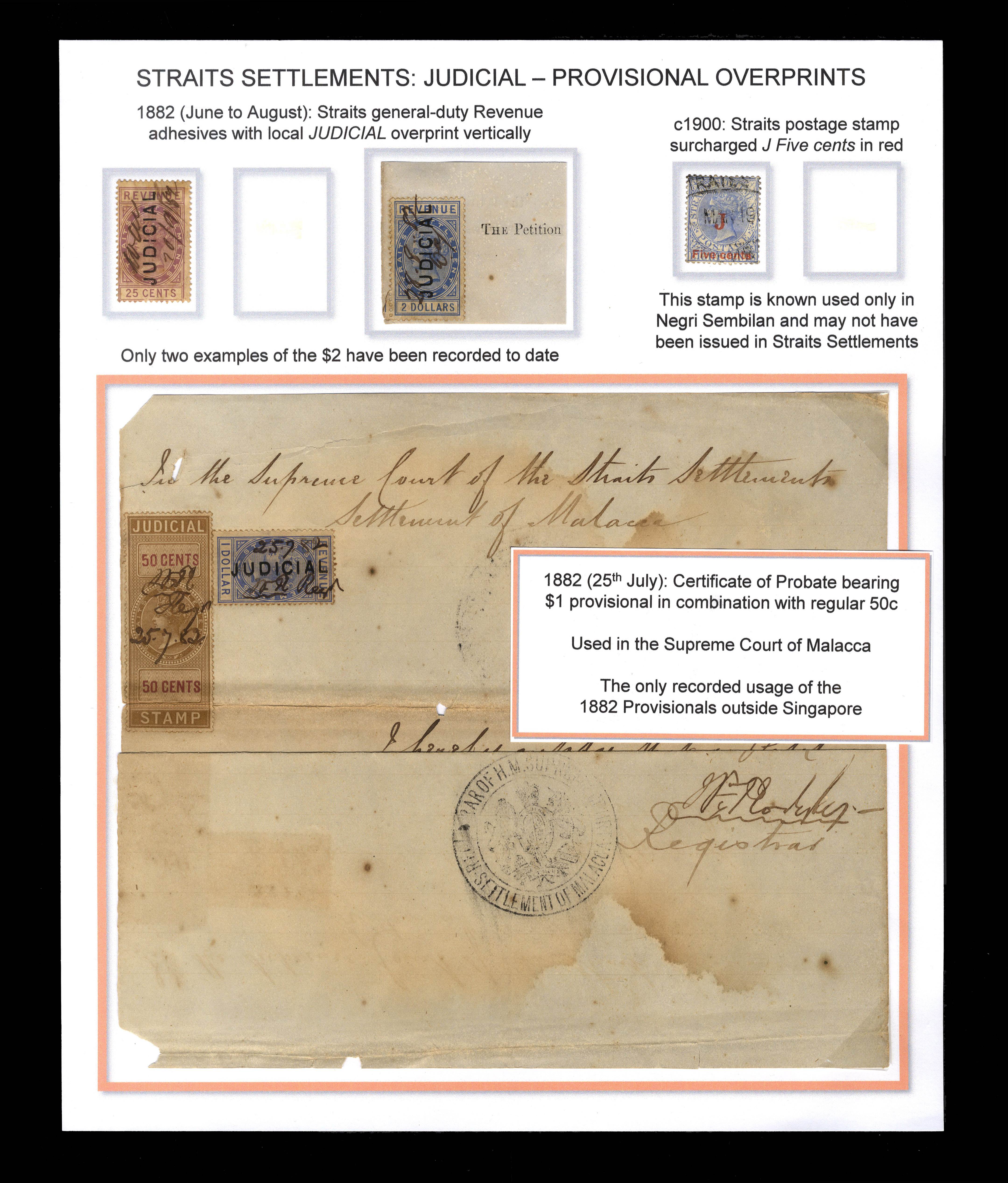 Straits Judicial 1882-1902 provisional overprints used and on documents