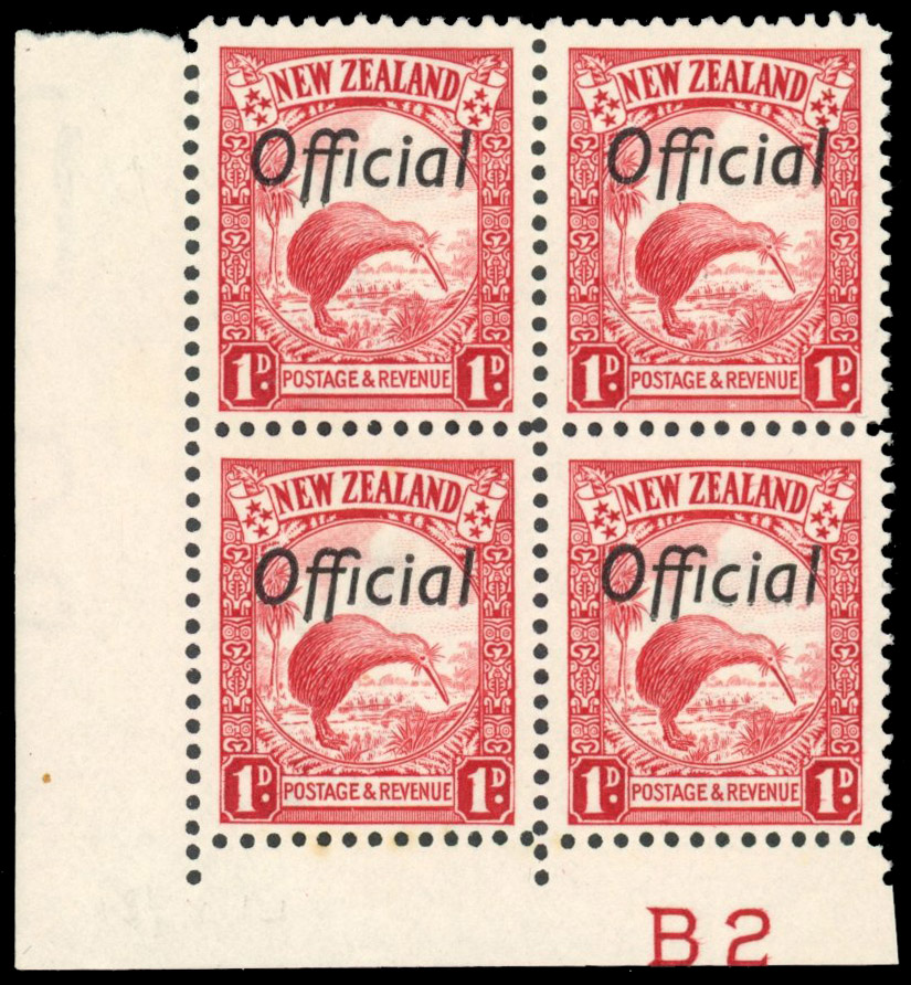 New Zealand Official 1936-61 1d scarlet, perf 13½x14, Plate B2 block of 4, mint, SG O115a