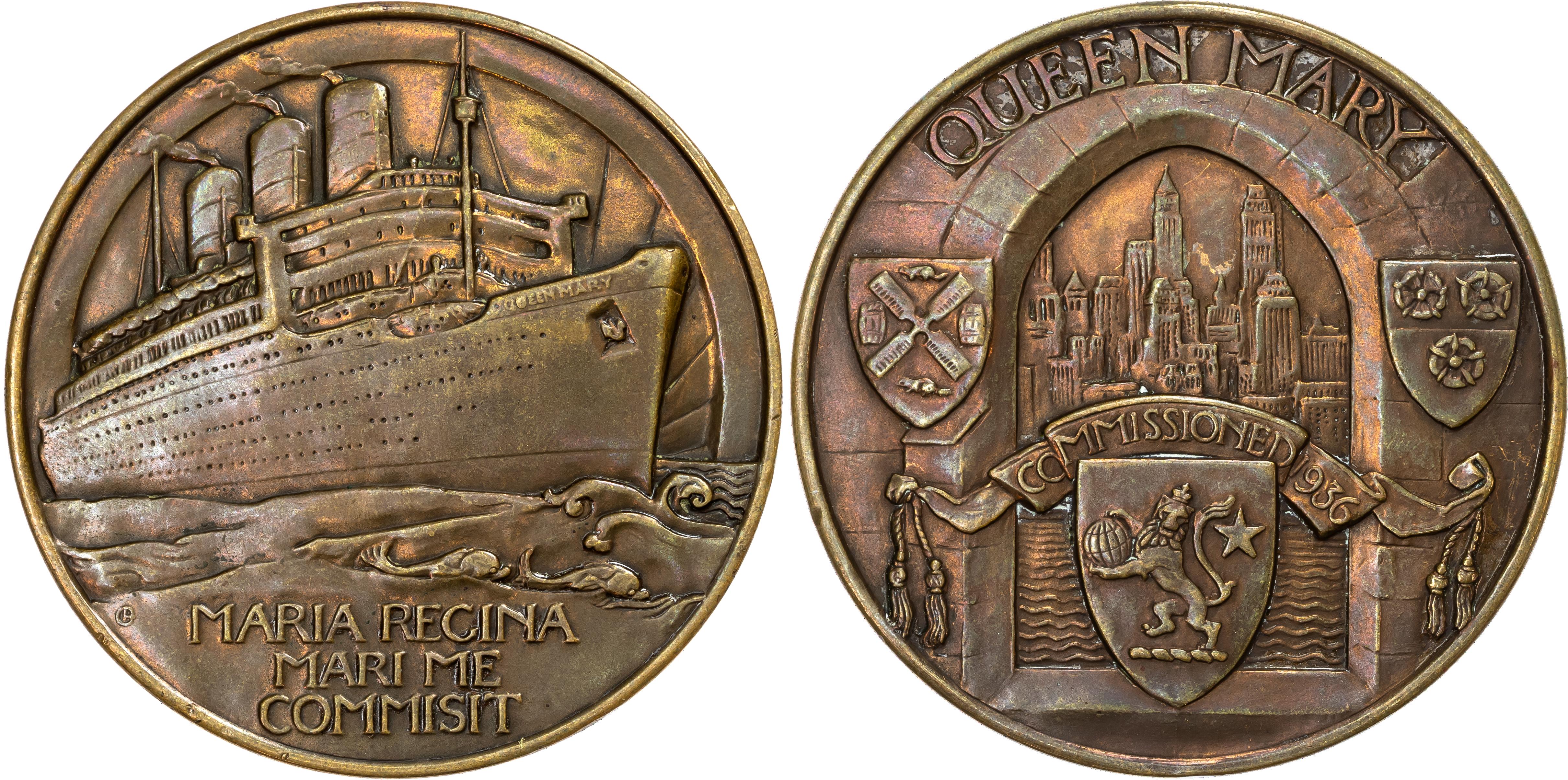 George V, RMS Queen Mary Maiden Voyage, bronze medal (70mm/171.60gm) 1936 by G. Bayes (Royal Mint for Cunard White Star).