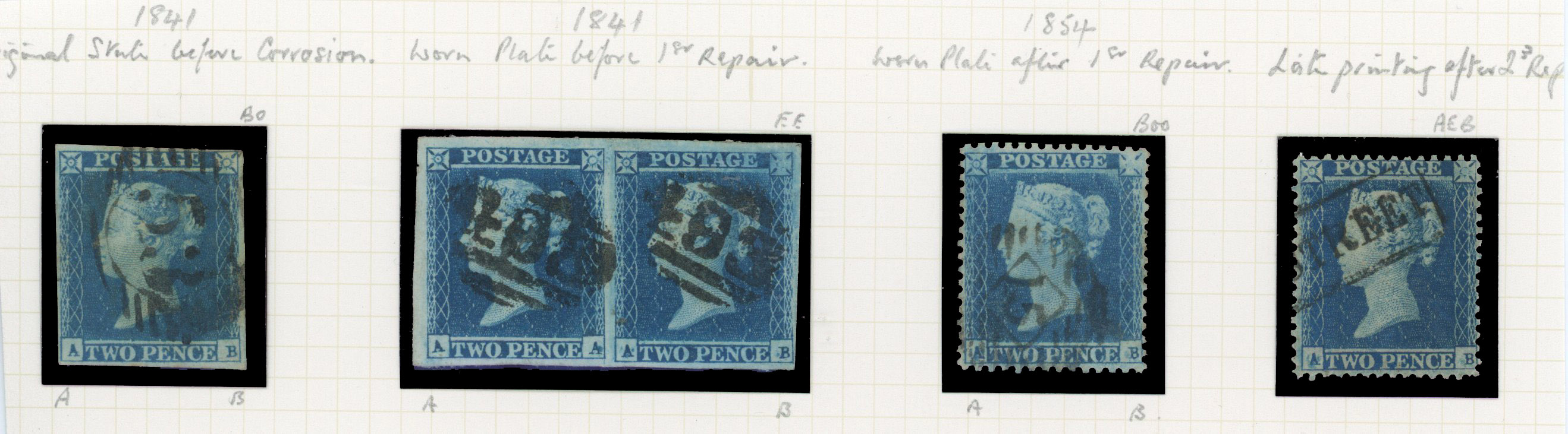 1855 2d Blue Pl.4 (SG14 & 23 AB, Die I, Alphabet I, Wmk. Small Crown, State I, II & III) group four