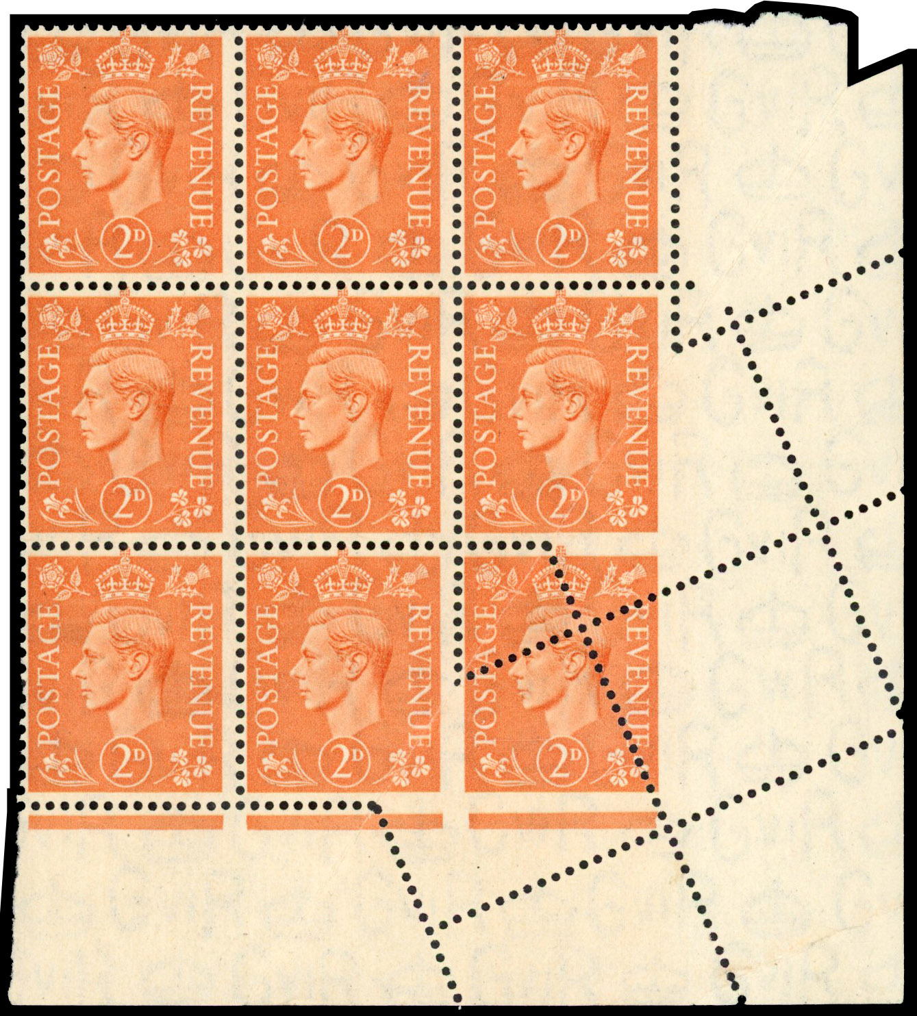 1941 2d Pale orange misperforated block mint (SG488var)