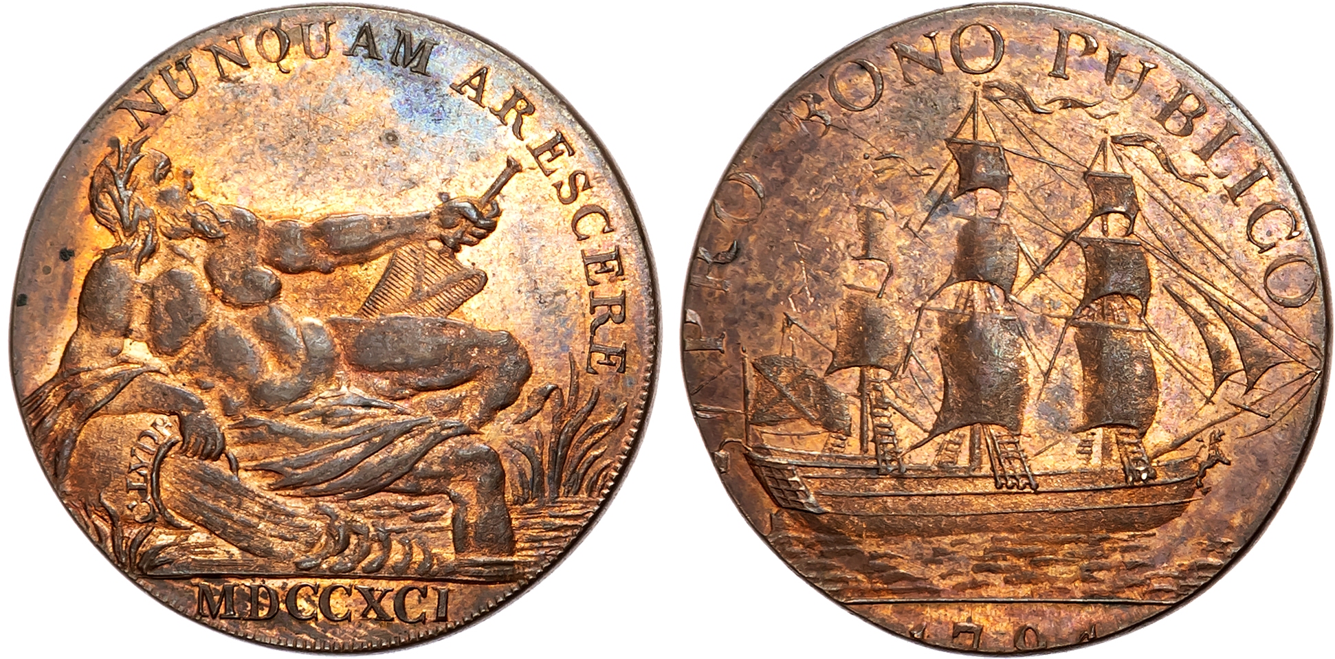 Lanarks. Glasgow, Gilbert Shearer & Co mule Halfpenny, River God reclining MDCCXCI, rev. Sailing ship (Hants 16), edge p …