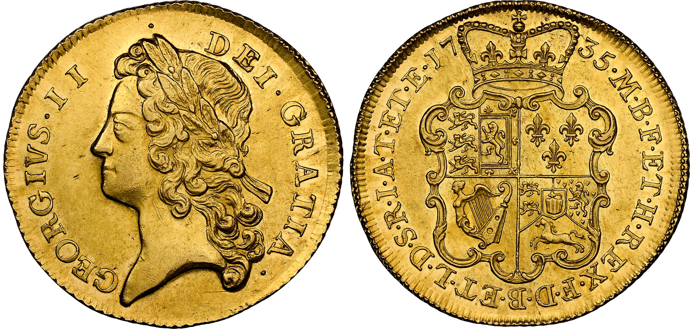 George II (1727-1760), AV Two Guineas, 1735. NGC AU 58.