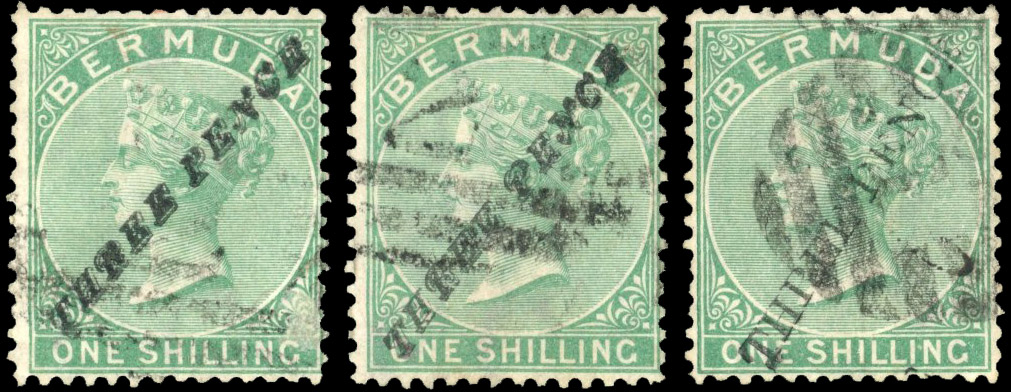 Bermuda SG 13, b, 14 1874 3d surcharges used