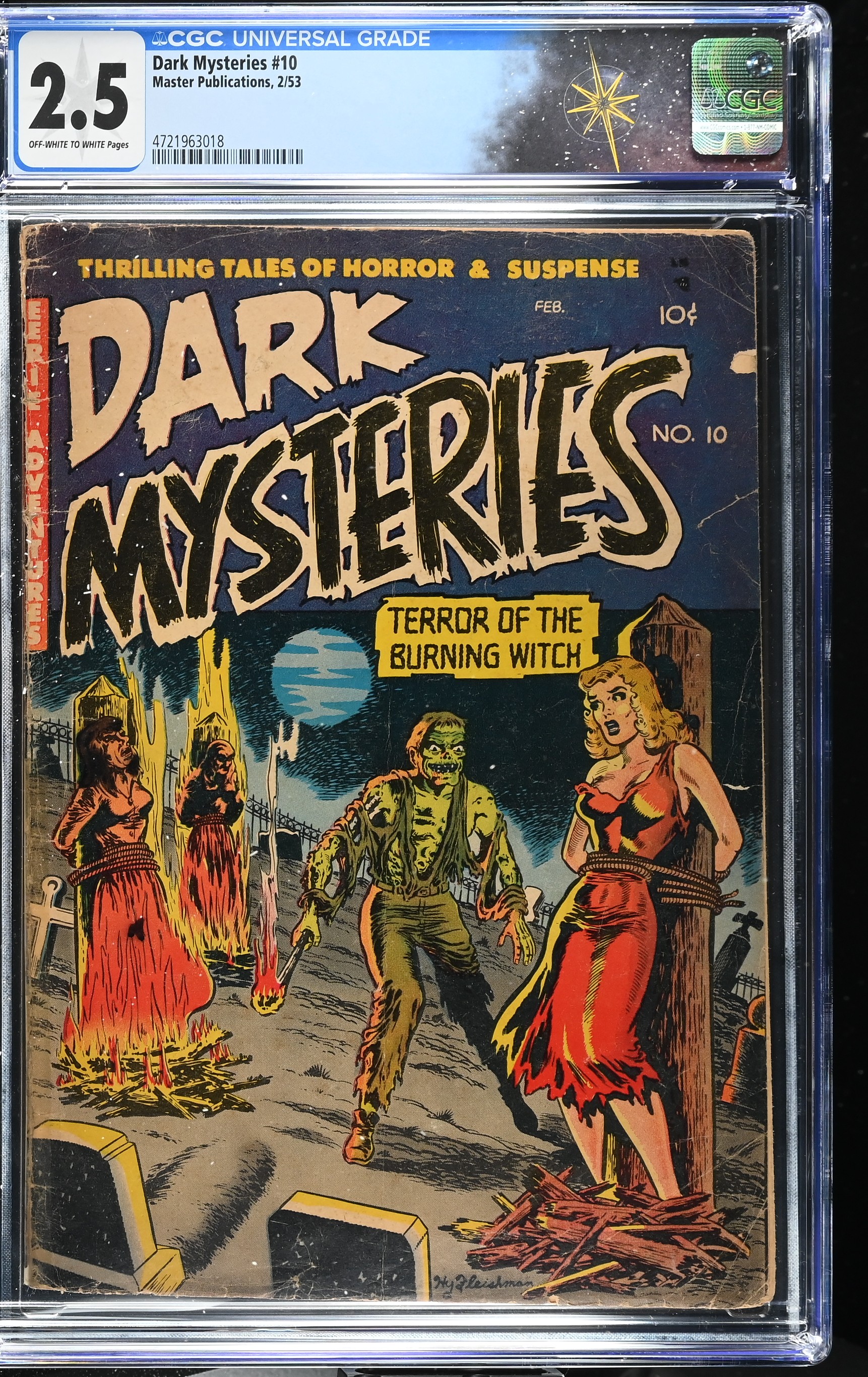 Dark Mysteries #10 CGC 2.5 Witch-Burning Bondage Cover by Hy Fleishman (Master Publications, 1953) Off-White to White Pages