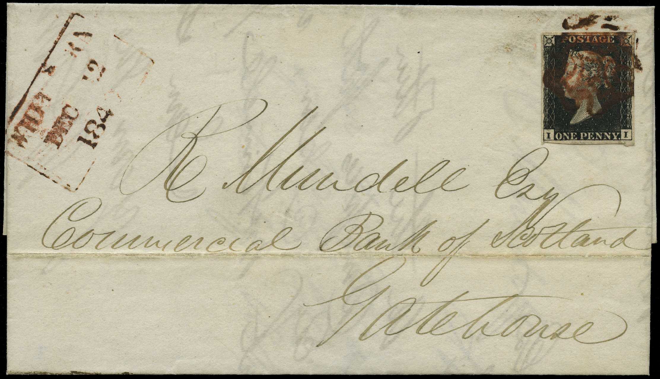 1840 1d black (II) 4 margins, tied to entire...