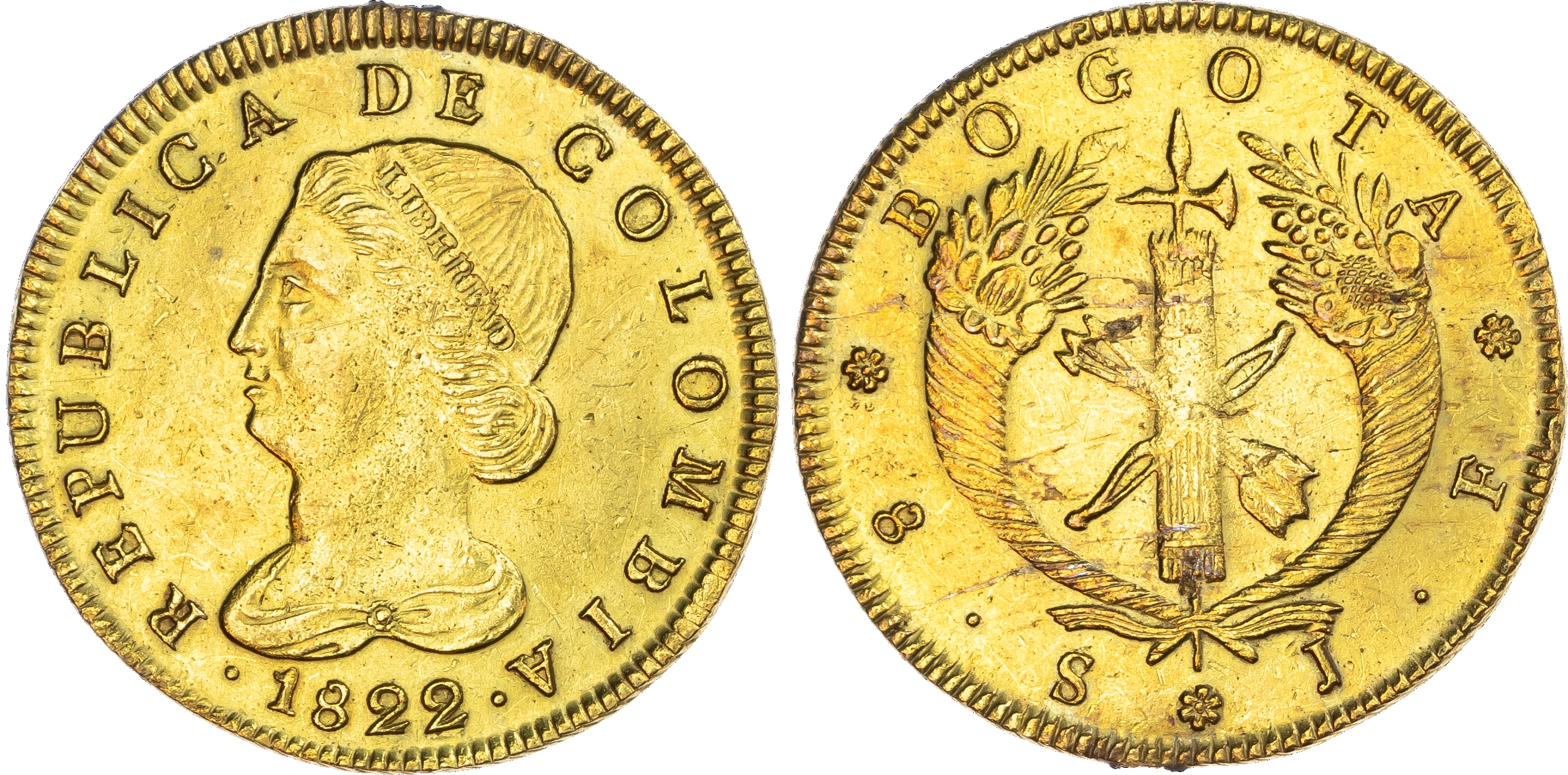 Colombia, Republic, gold 8 Escudos, 1822 JF